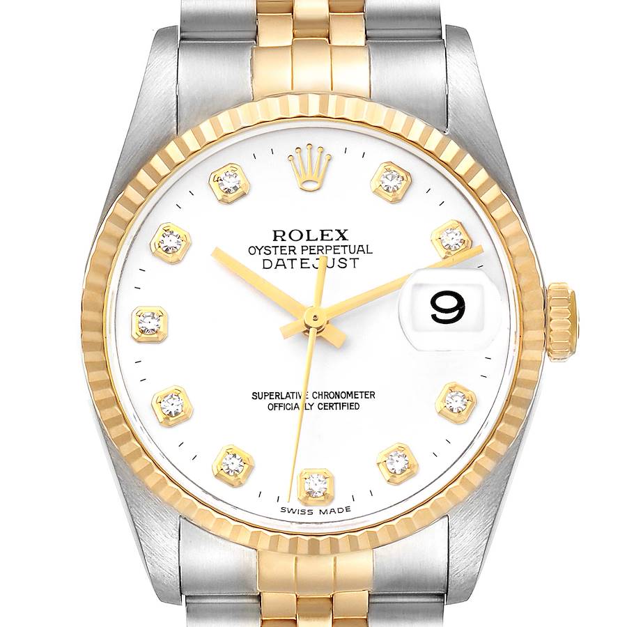 The image shows a front view of a Rolex Datejust watch displaying the dial, hands, bezel, and part of the bracelet.