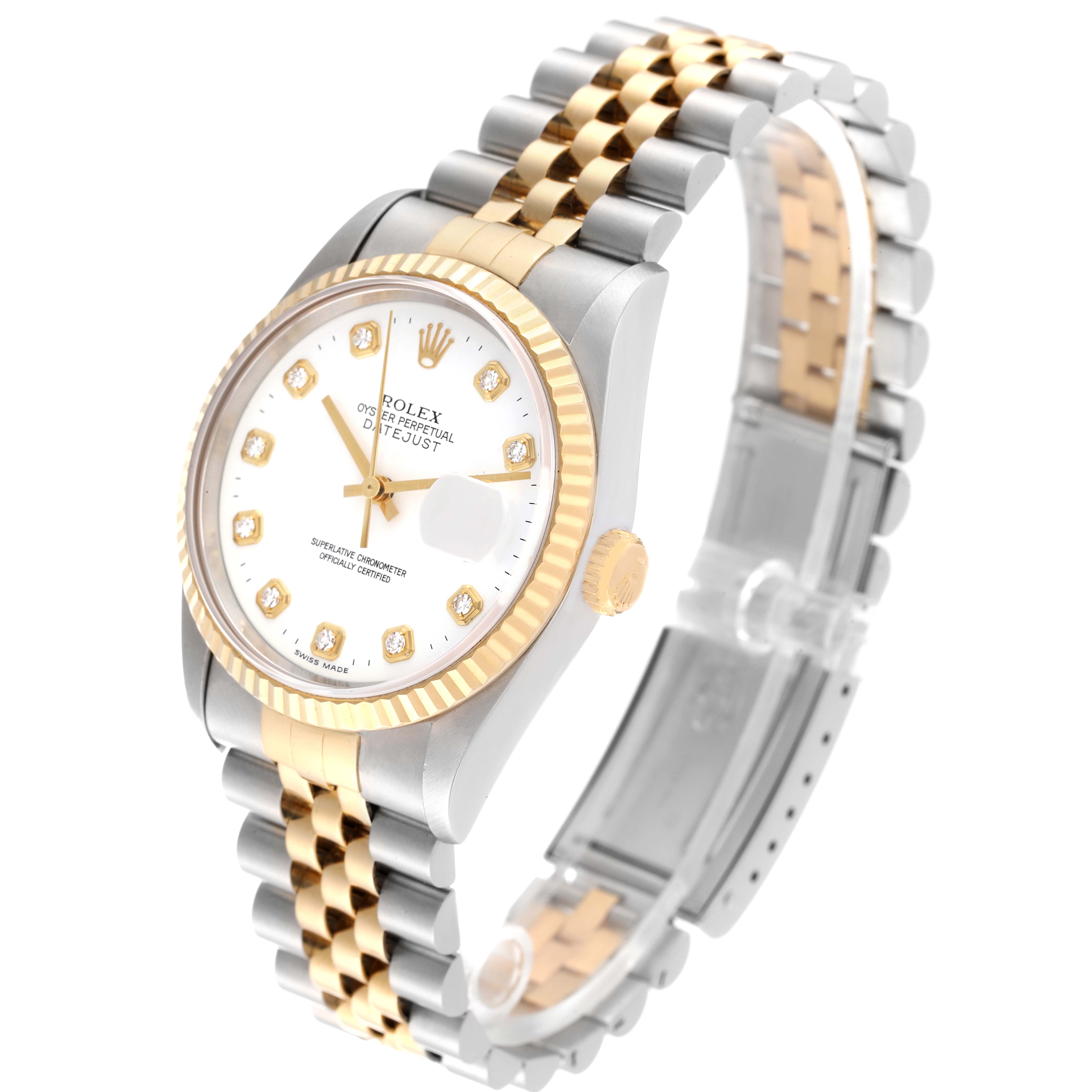 The image shows a Rolex Datejust 16233 Men's Steel and Gold (two tone) White Dial 16233 Men's Steel and Gold (two tone) White Dial watch at a three-quarter angle, displaying the dial, bezel, crown, and bracelet.