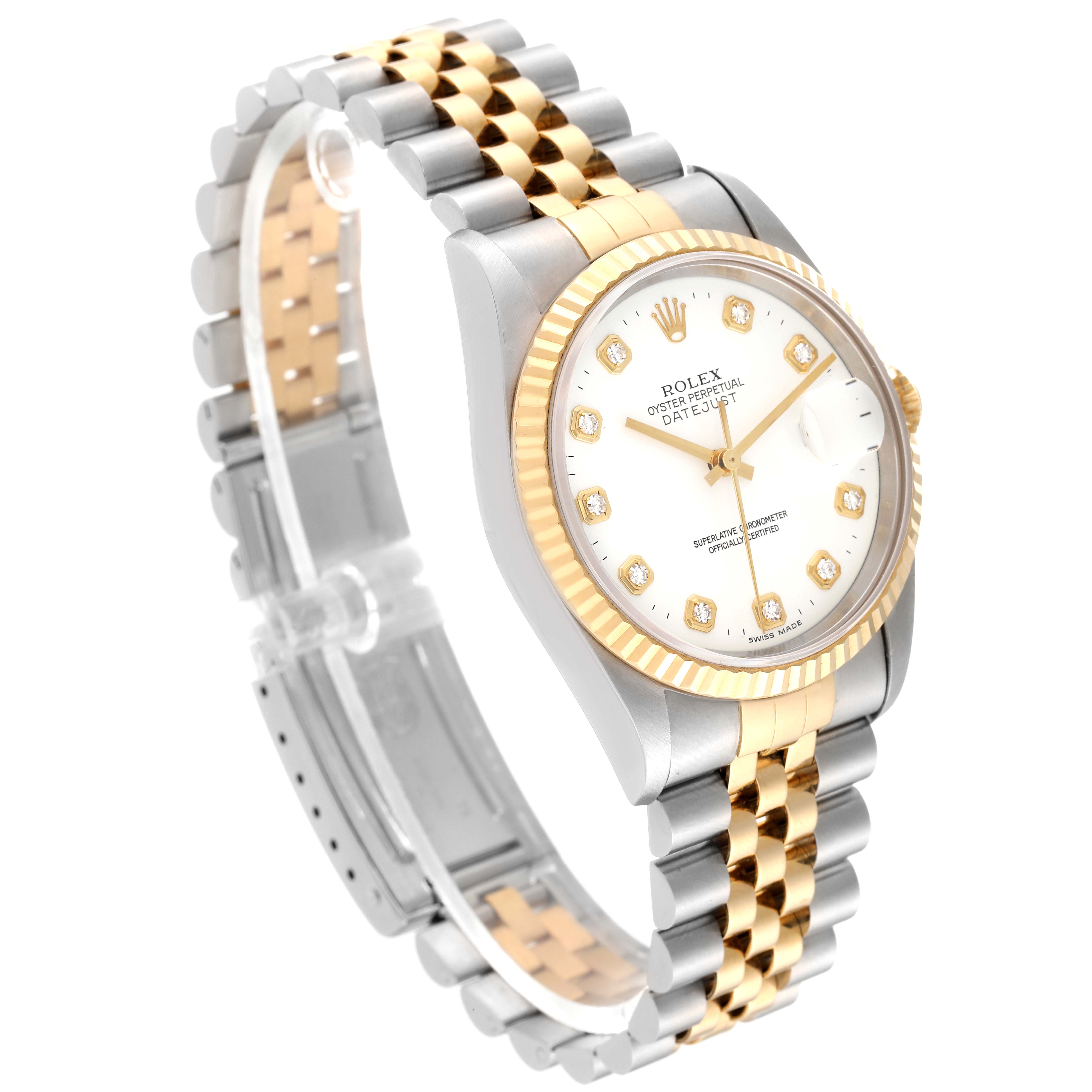 The image shows a Rolex Datejust 16233 Men's Steel and Gold (two tone) White Dial 16233 Men's Steel and Gold (two tone) White Dial watch at a front angle, highlighting the face, bezel, and two-tone bracelet.