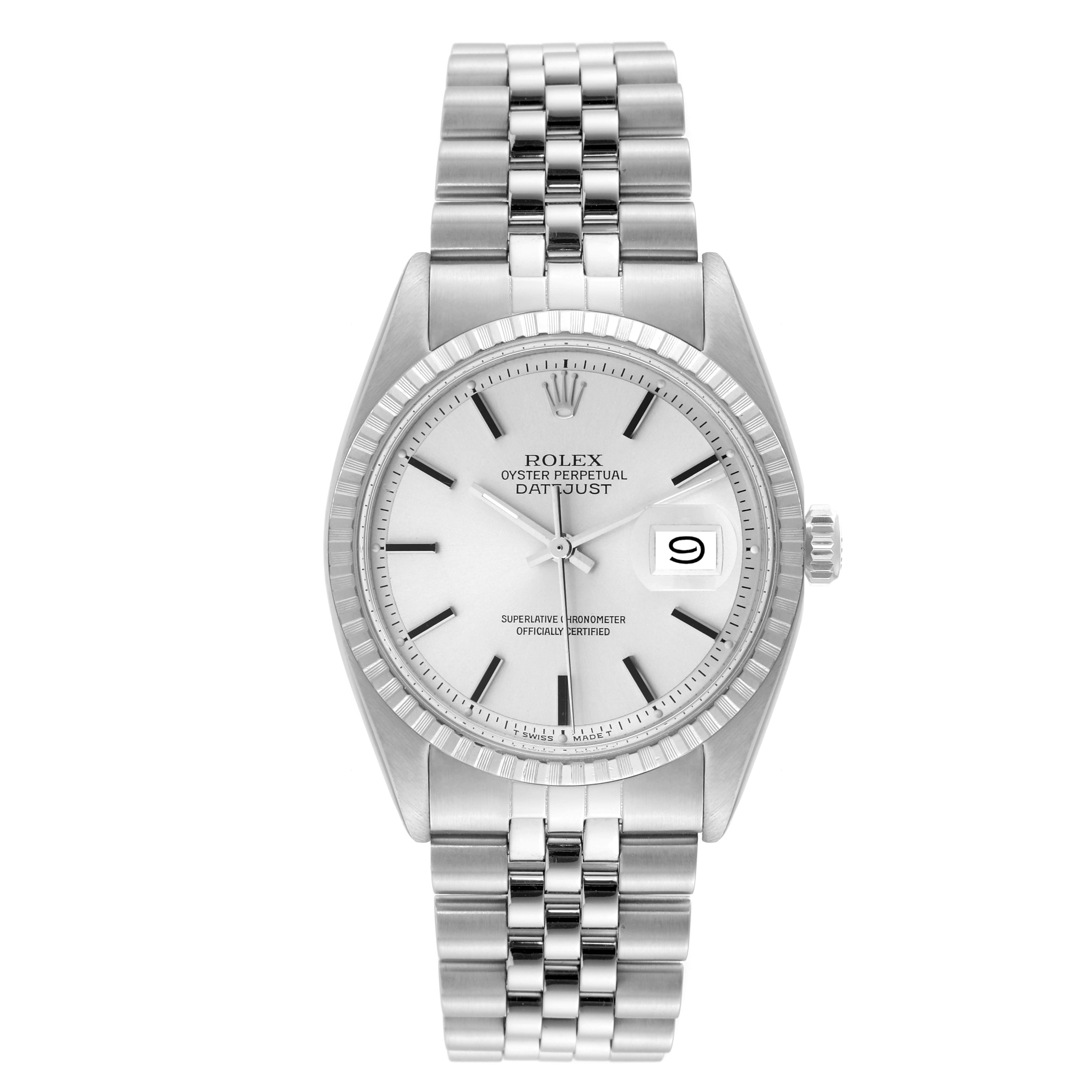 The image shows a Rolex Vintage Collection 16030 Men's Stainless Steel Silver Dial 16030 Men's Stainless Steel Silver Dial Oyster Perpetual Datejust watch from a front-facing angle, highlighting the dial, bezel, and bracelet.