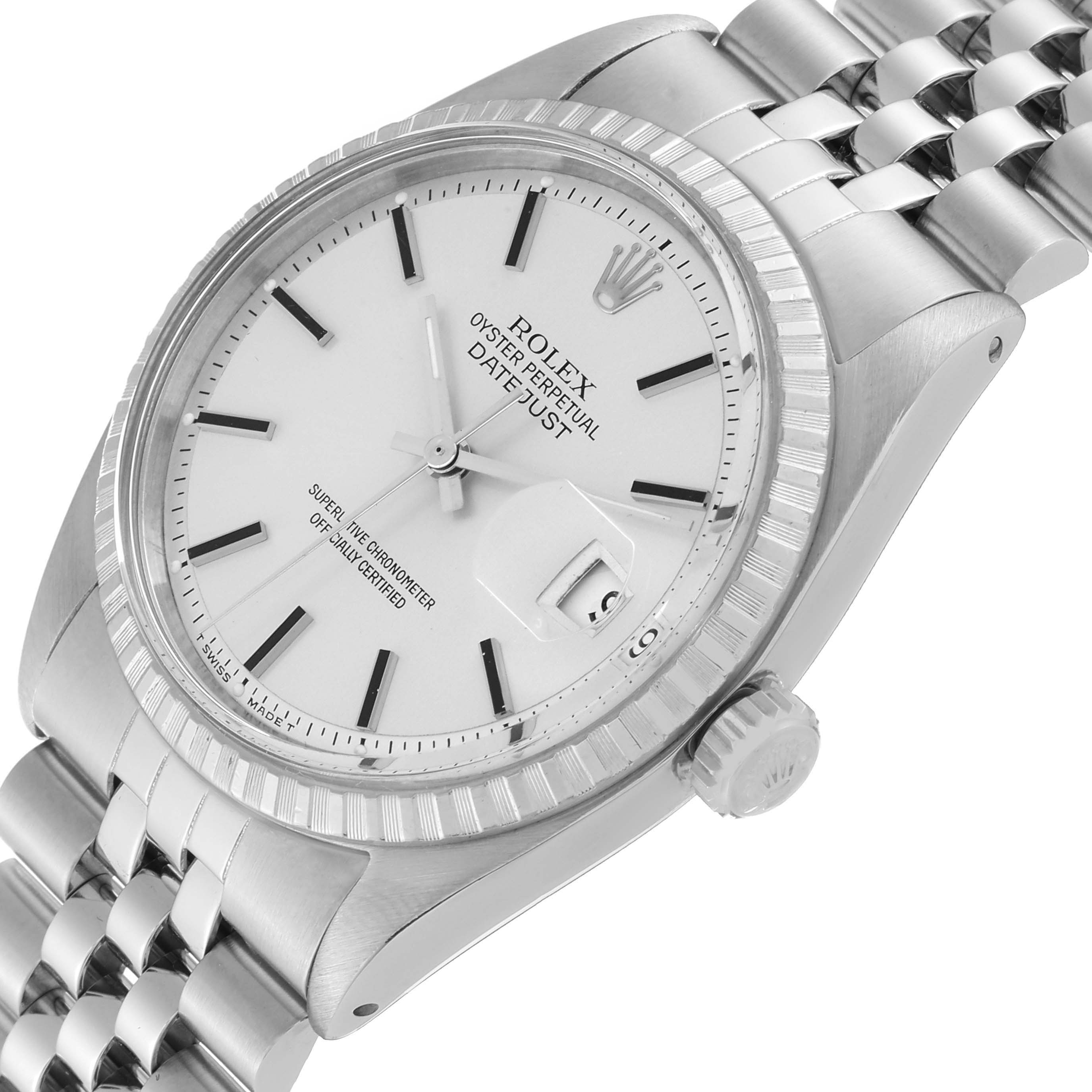 The image shows a top-right angled view of a Rolex Vintage Collection 16030 Men's Stainless Steel Silver Dial 16030 Men's Stainless Steel Silver Dial Datejust watch, highlighting the dial, case, bezel, bracelet, and crown.