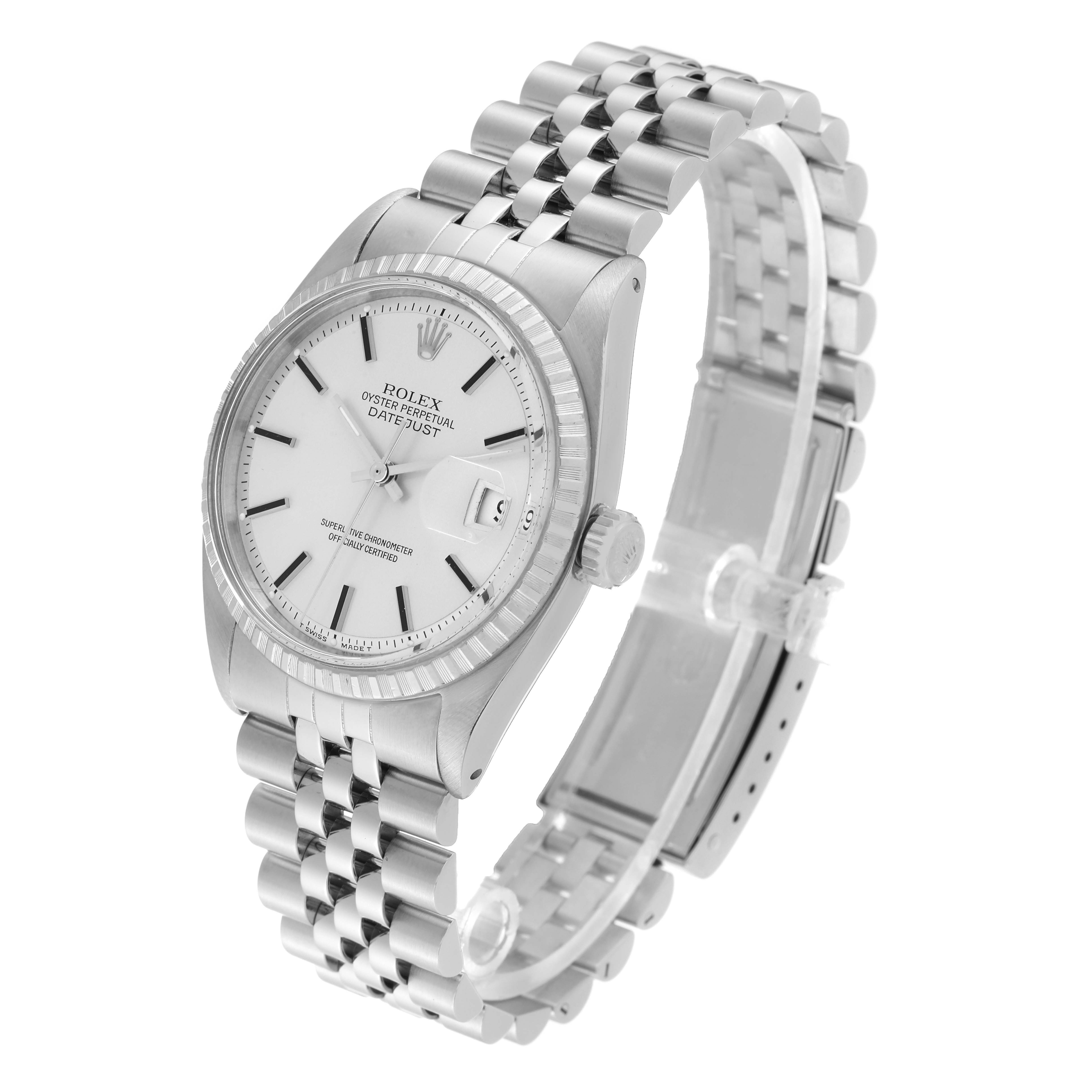 The image shows a Rolex Vintage Collection 16030 Men's Stainless Steel Silver Dial 16030 Men's Stainless Steel Silver Dial Datejust watch at a three-quarter angle, displaying the face, bezel, crown, and bracelet.