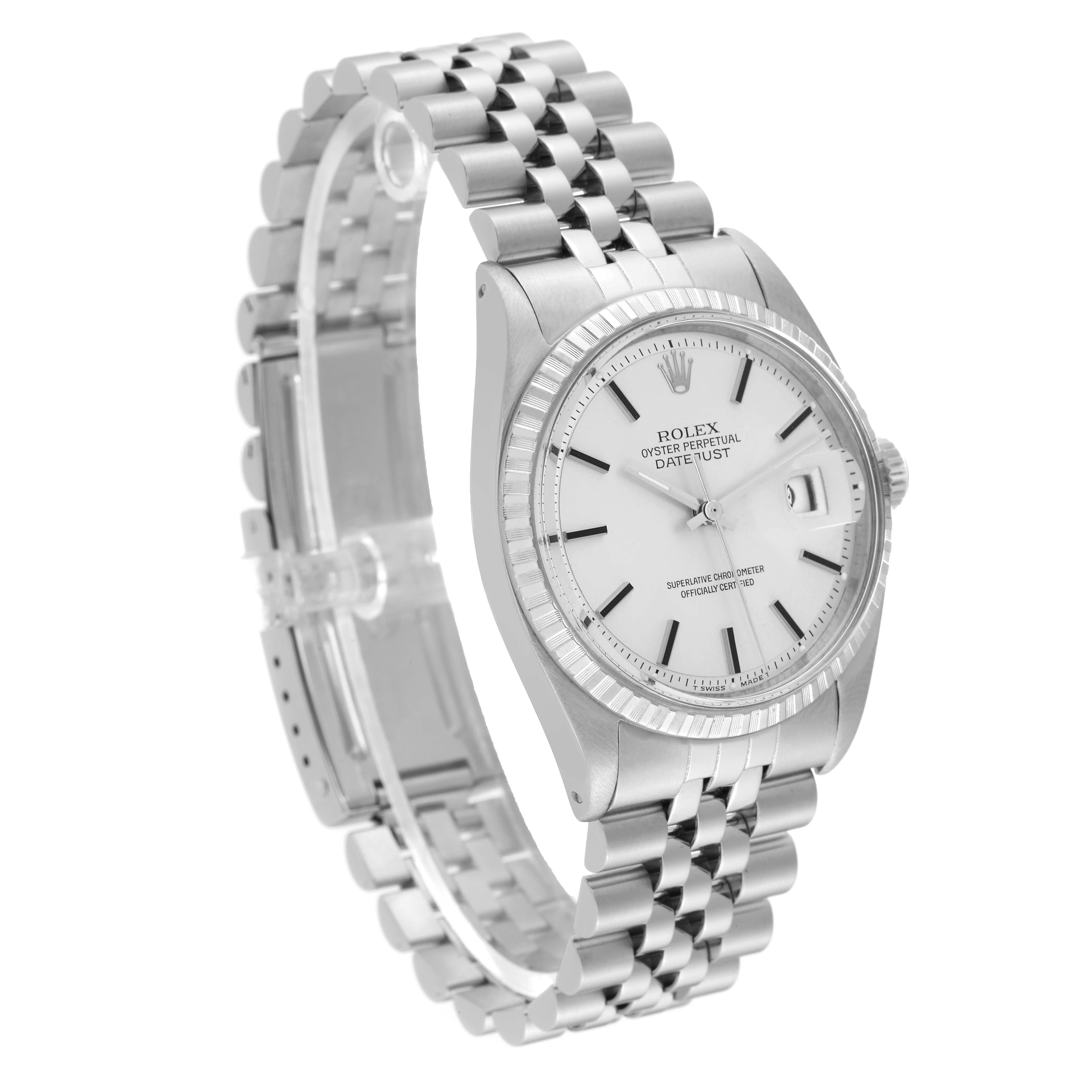 This image shows the Rolex Vintage Collection 16030 Men's Stainless Steel Silver Dial 16030 Men's Stainless Steel Silver Dial model from a diagonal angle, displaying the face, case, and bracelet.