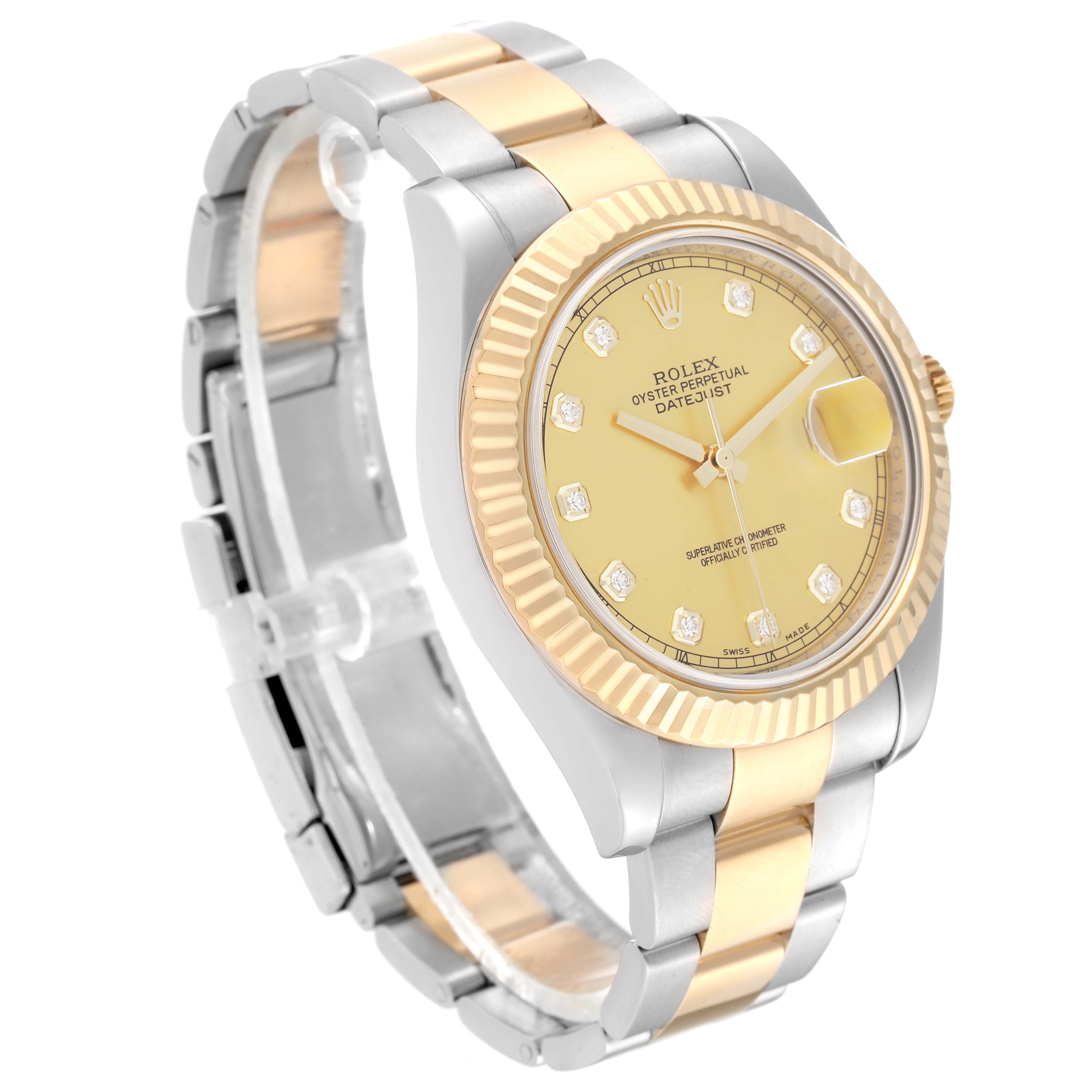 The image shows a Rolex Datejust 41 116333 Men's Steel and Gold (two tone) Champagne Dial 116333 Men's Steel and Gold (two tone) Champagne Dial watch from an angled side view, highlighting its gold dial, fluted bezel, and two-tone bracelet.
