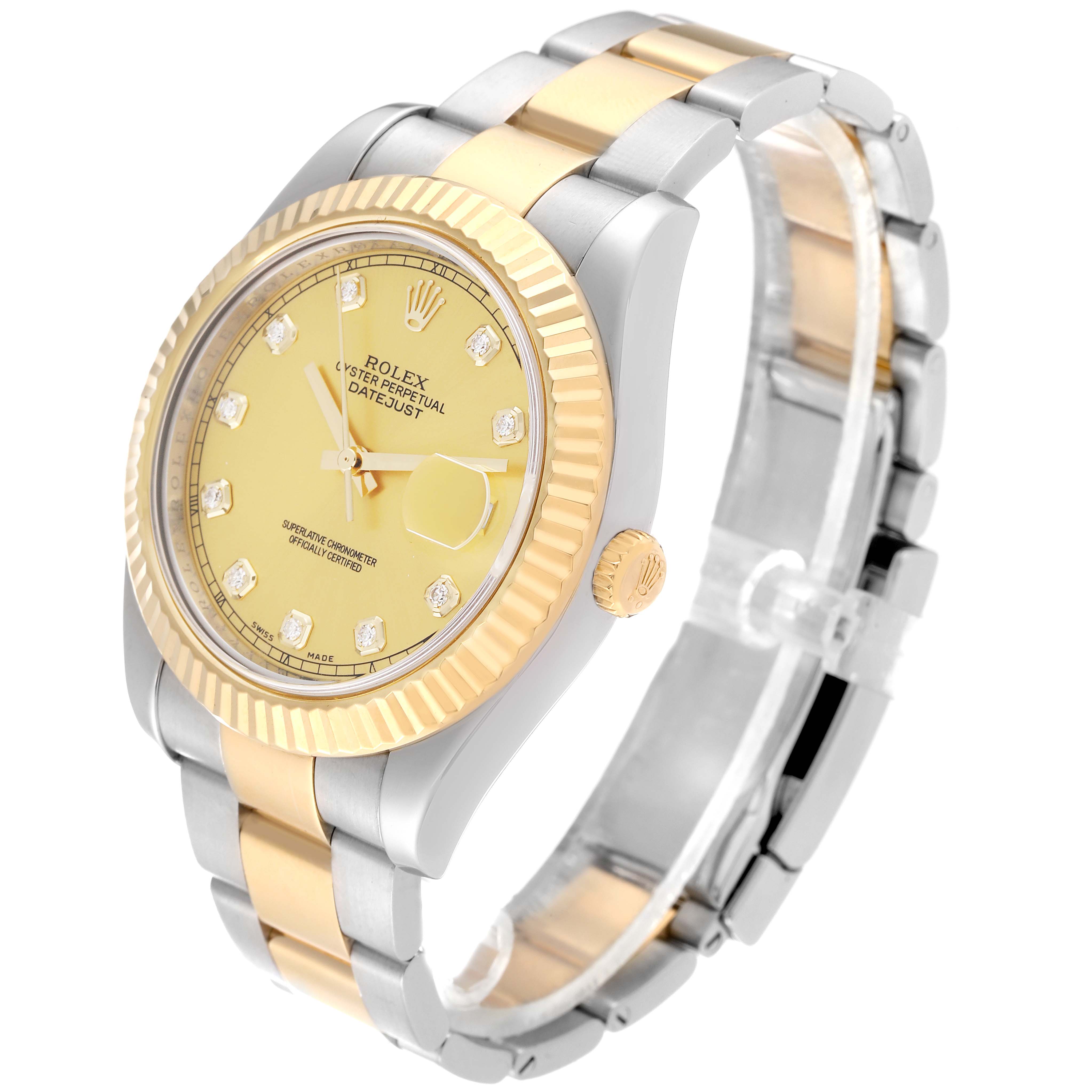 The Rolex Datejust 41 116333 Men's Steel and Gold (two tone) Champagne Dial 116333 Men's Steel and Gold (two tone) Champagne Dial is shown from a three-quarter angle featuring the dial, bezel, crown, and part of the bracelet.