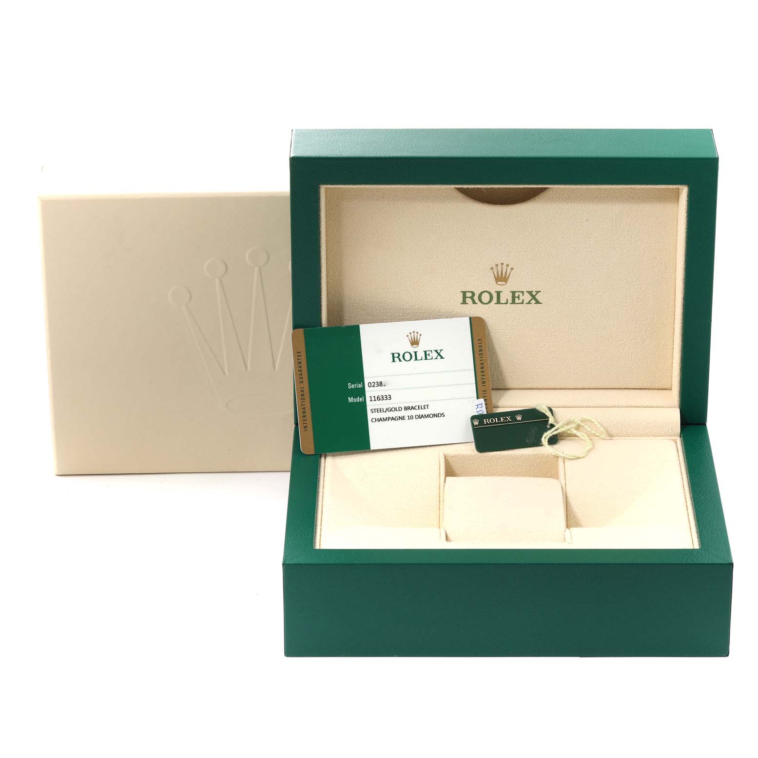 The image shows the packaging and documents for a Rolex Datejust 41 116333 Men's Steel and Gold (two tone) Champagne Dial 116333 Men's Steel and Gold (two tone) Champagne Dial, including an open box, warranty card, and tags.