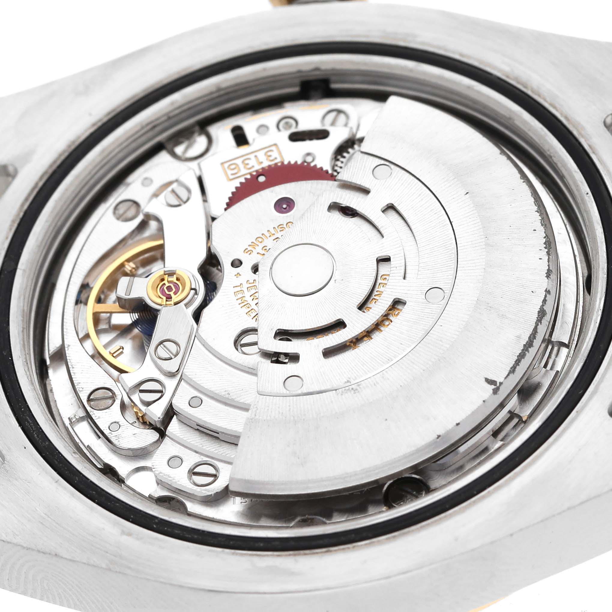 This image shows a close-up view of the movement inside a Rolex Datejust 41 116333 Men's Steel and Gold (two tone) Champagne Dial 116333 Men's Steel and Gold (two tone) Champagne Dial model.