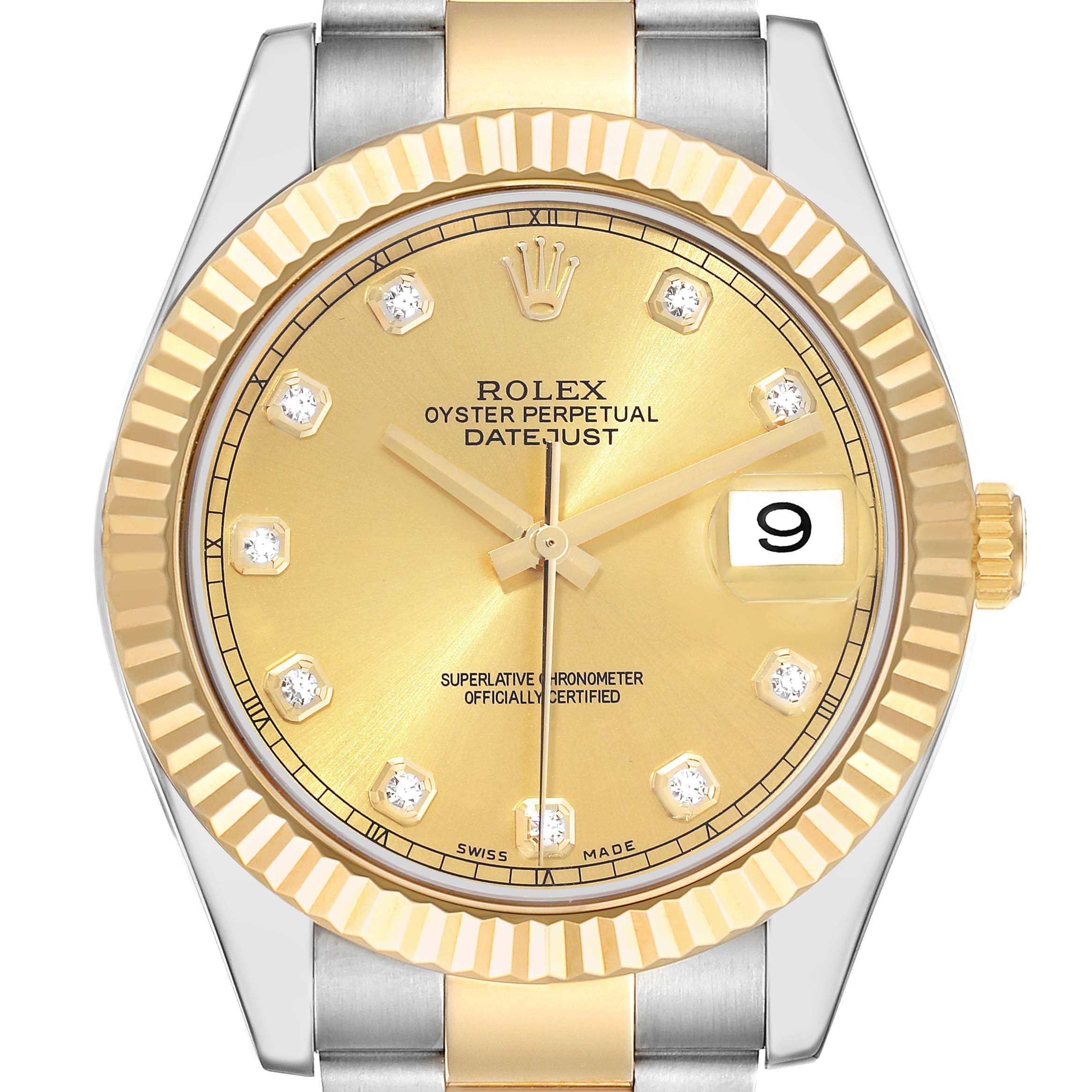 This is a Rolex Datejust 41 116333 Men's Steel and Gold (two tone) Champagne Dial 116333 Men's Steel and Gold (two tone) Champagne Dial watch shown from a top-down angle, featuring the dial, bezel, and part of the bracelet.
