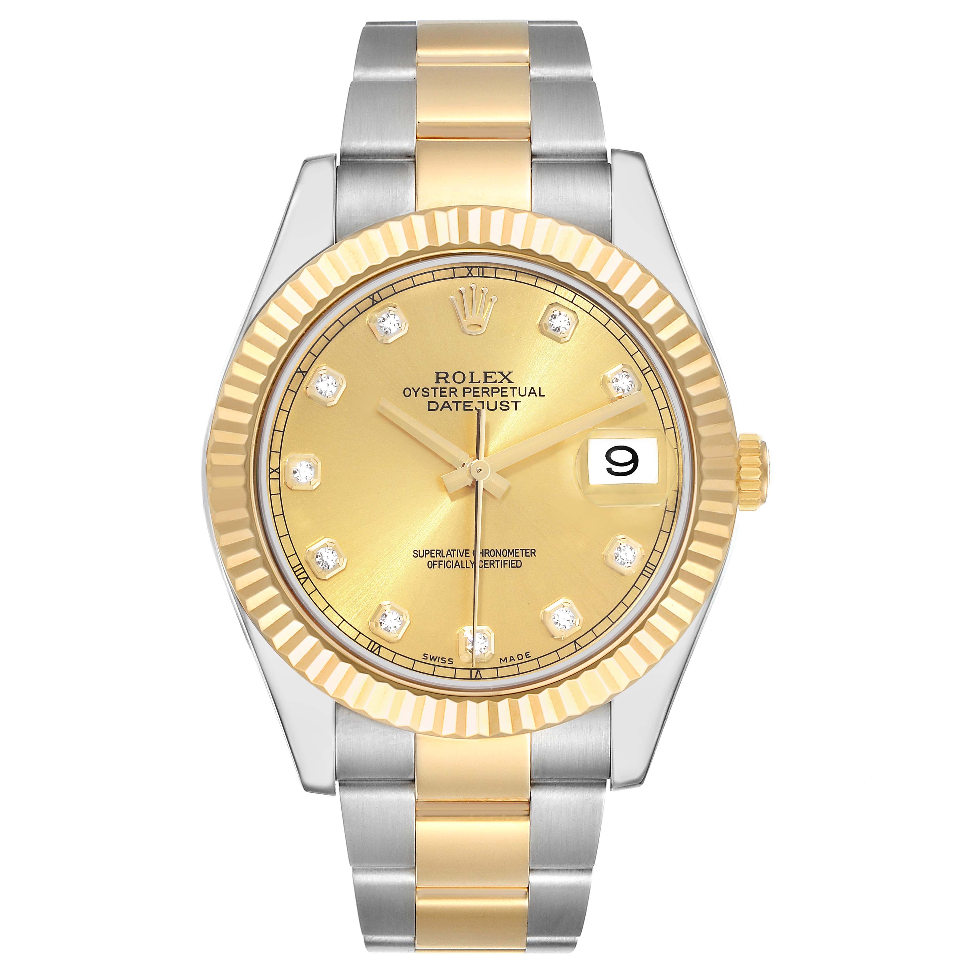The image shows a front view of the Rolex Datejust 41 116333 Men's Steel and Gold (two tone) Champagne Dial 116333 Men's Steel and Gold (two tone) Champagne Dial watch with a bi-color bracelet and a gold dial.