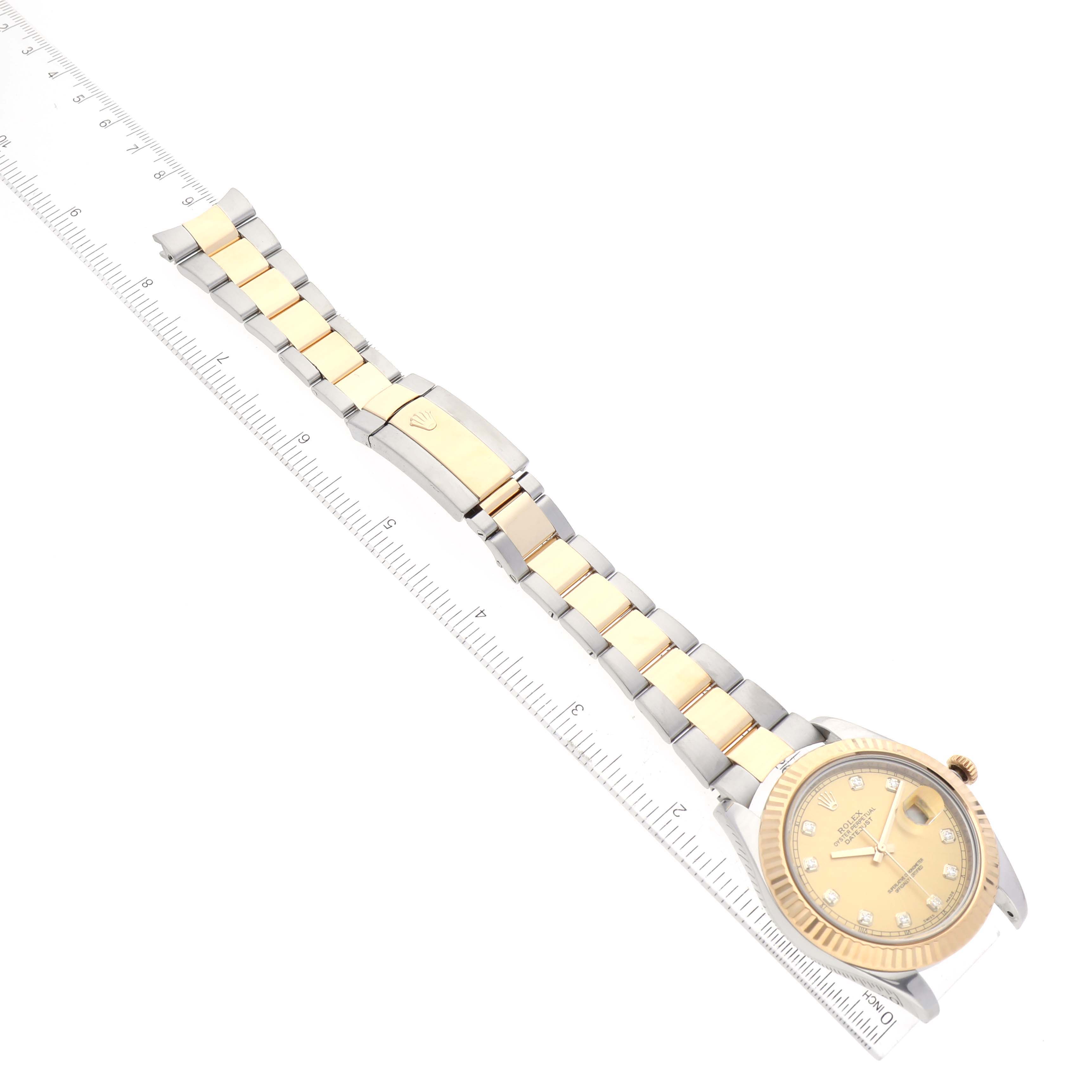 The image shows a top-down view of a Rolex Datejust 41 116333 Men's Steel and Gold (two tone) Champagne Dial 116333 Men's Steel and Gold (two tone) Champagne Dial watch, including its bracelet, clasp, and dial.