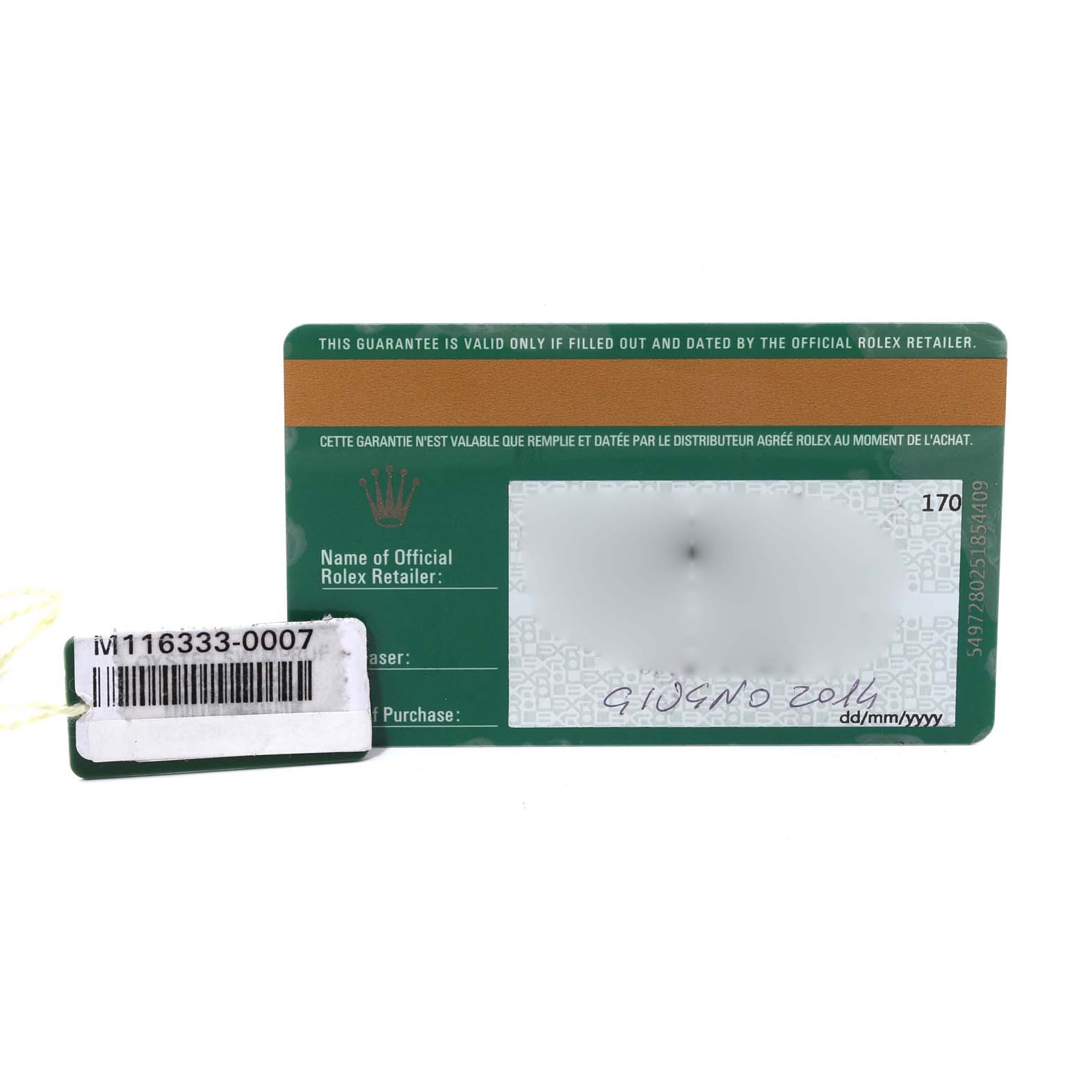 This image shows the guarantee card and barcode tag for a Rolex Datejust 41 116333 Men's Steel and Gold (two tone) Champagne Dial 116333 Men's Steel and Gold (two tone) Champagne Dial model.