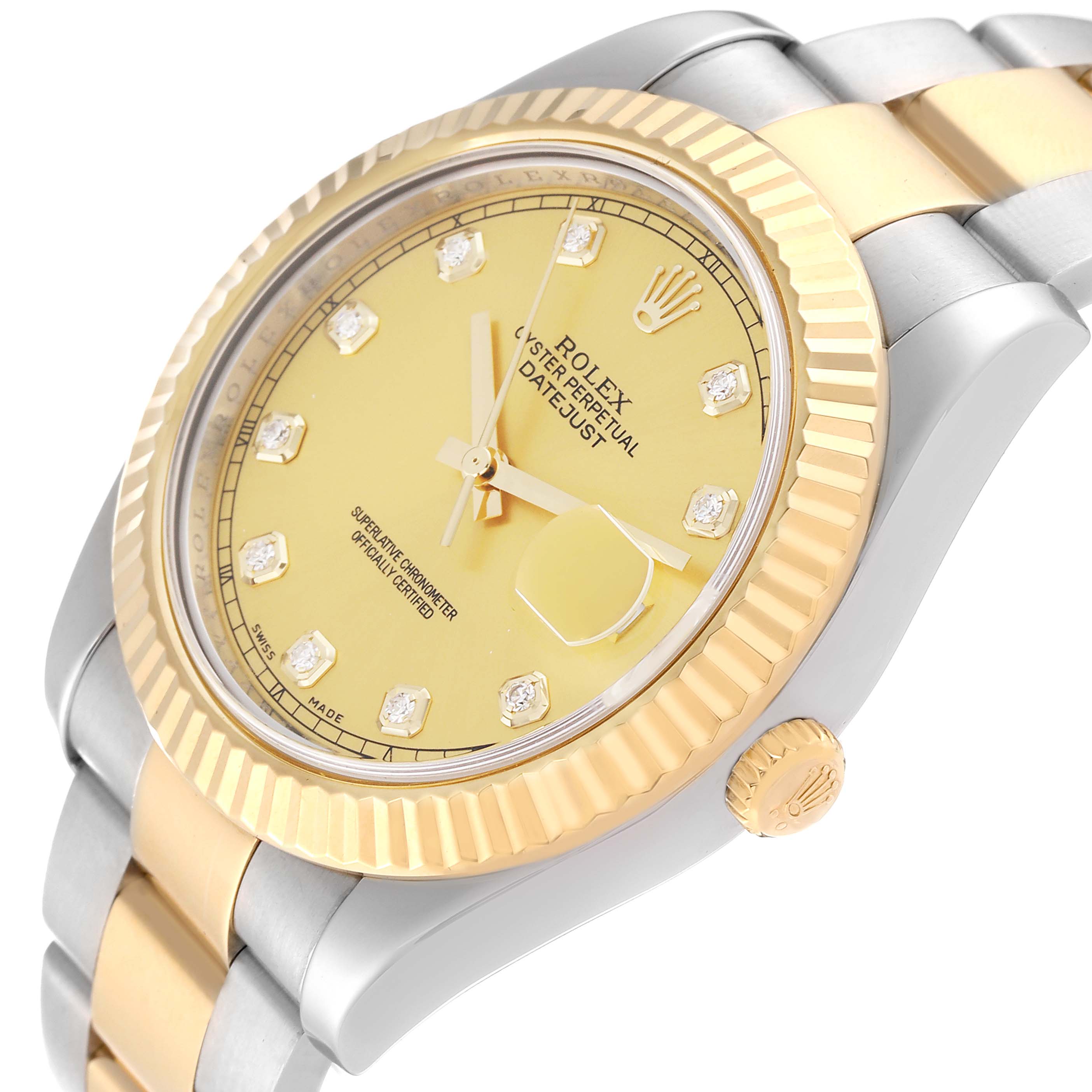 This image shows a close-up angle of the Rolex Datejust 41 116333 Men's Steel and Gold (two tone) Champagne Dial 116333 Men's Steel and Gold (two tone) Champagne Dial model, highlighting its dial, markers, bezel, and part of the bracelet.