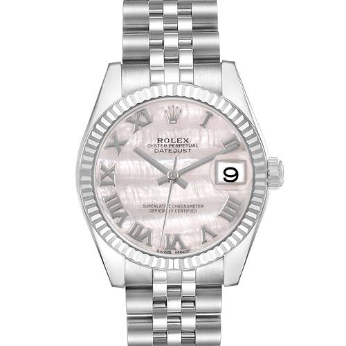 The Rolex Mid-Size 178274 Womens Stainless Steel Mother of Pearl Dial Datejust is shown from the front, highlighting the dial, bezel, and part of the bracelet.