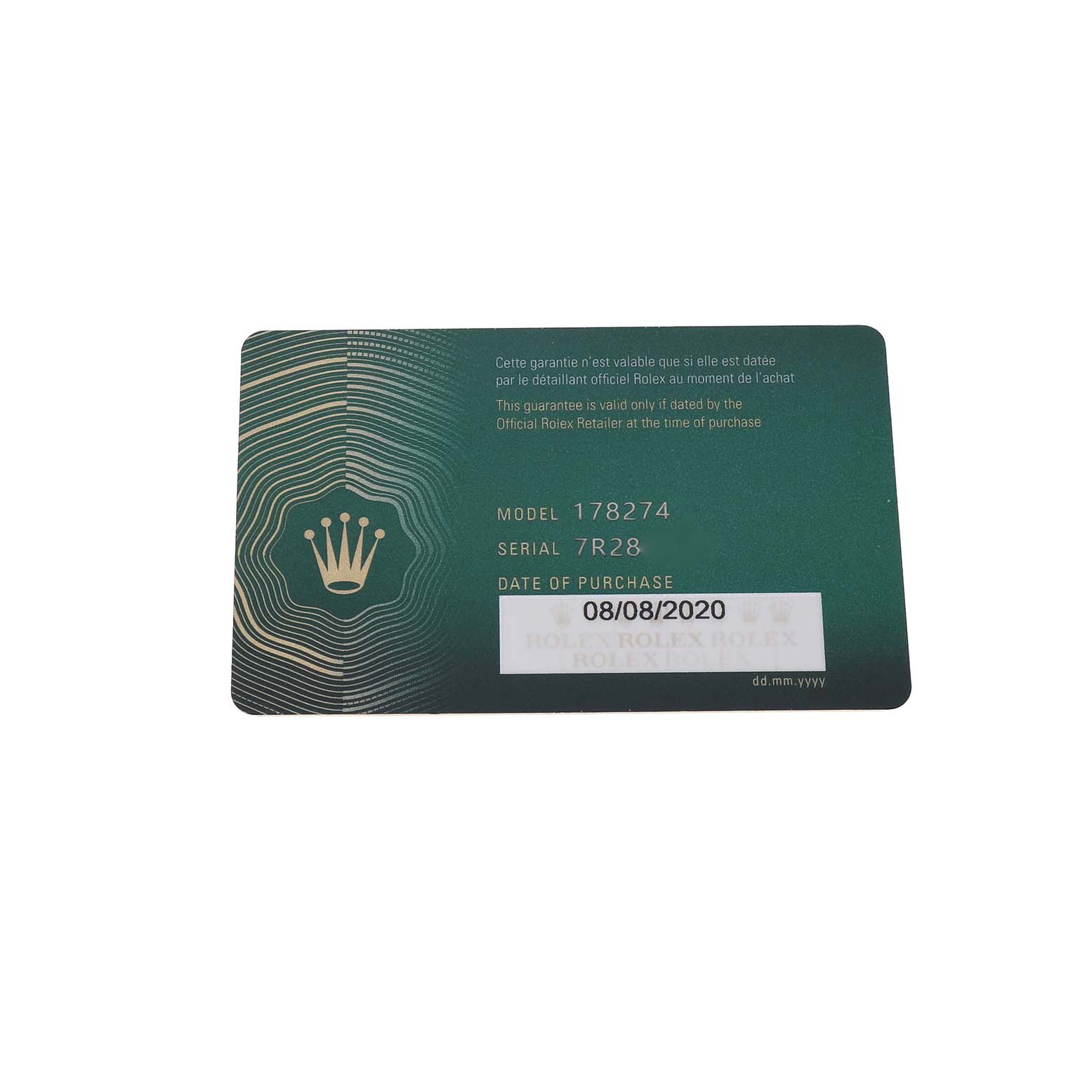 The image shows a warranty card for a Rolex Mid-Size 178274 Women's Stainless Steel Mother of Pearl Dial Model 178274, displaying model, serial number, and purchase date.