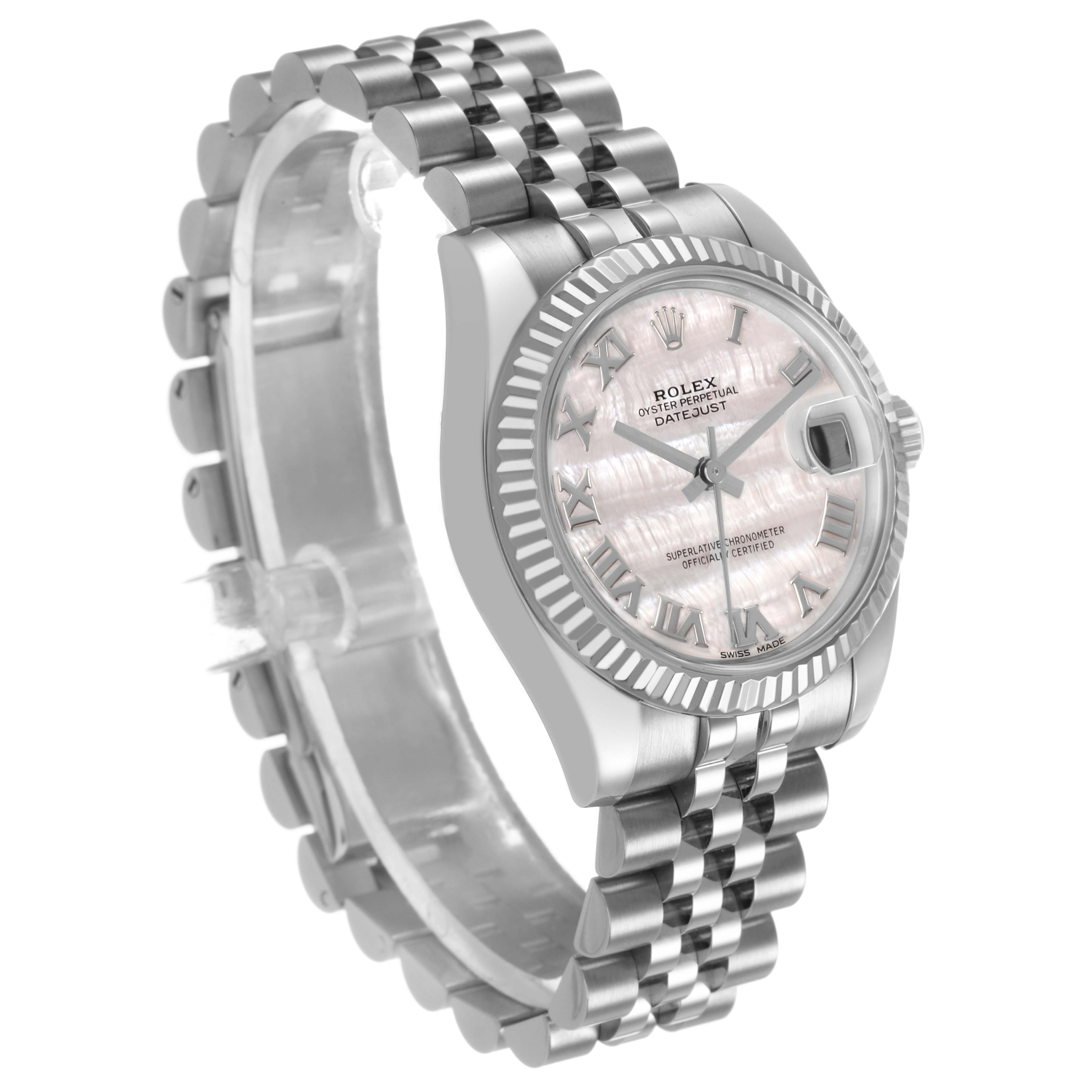 The Rolex Mid-Size 178274 Women's Stainless Steel Mother of Pearl Dial watch is shown at a three-quarter angle, highlighting its face, bezel, and bracelet.
