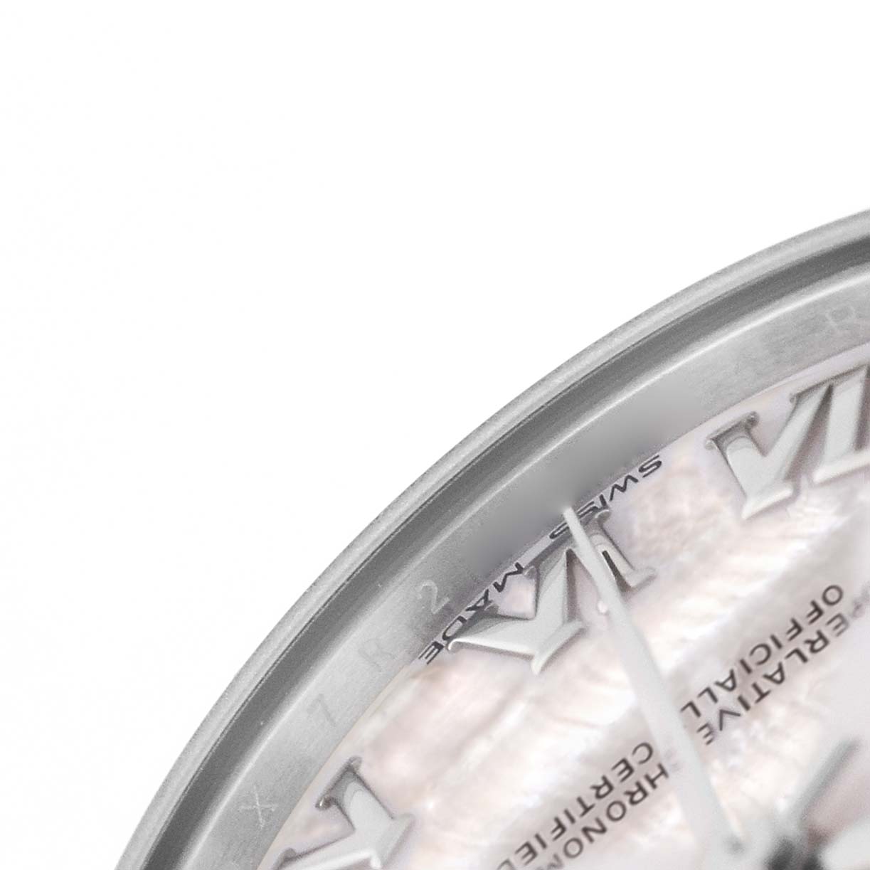 The image shows a close-up of the Rolex Mid-Size 178274 Women's Stainless Steel Mother of Pearl Dial watch, focusing on the Roman numeral dial and part of the bezel.