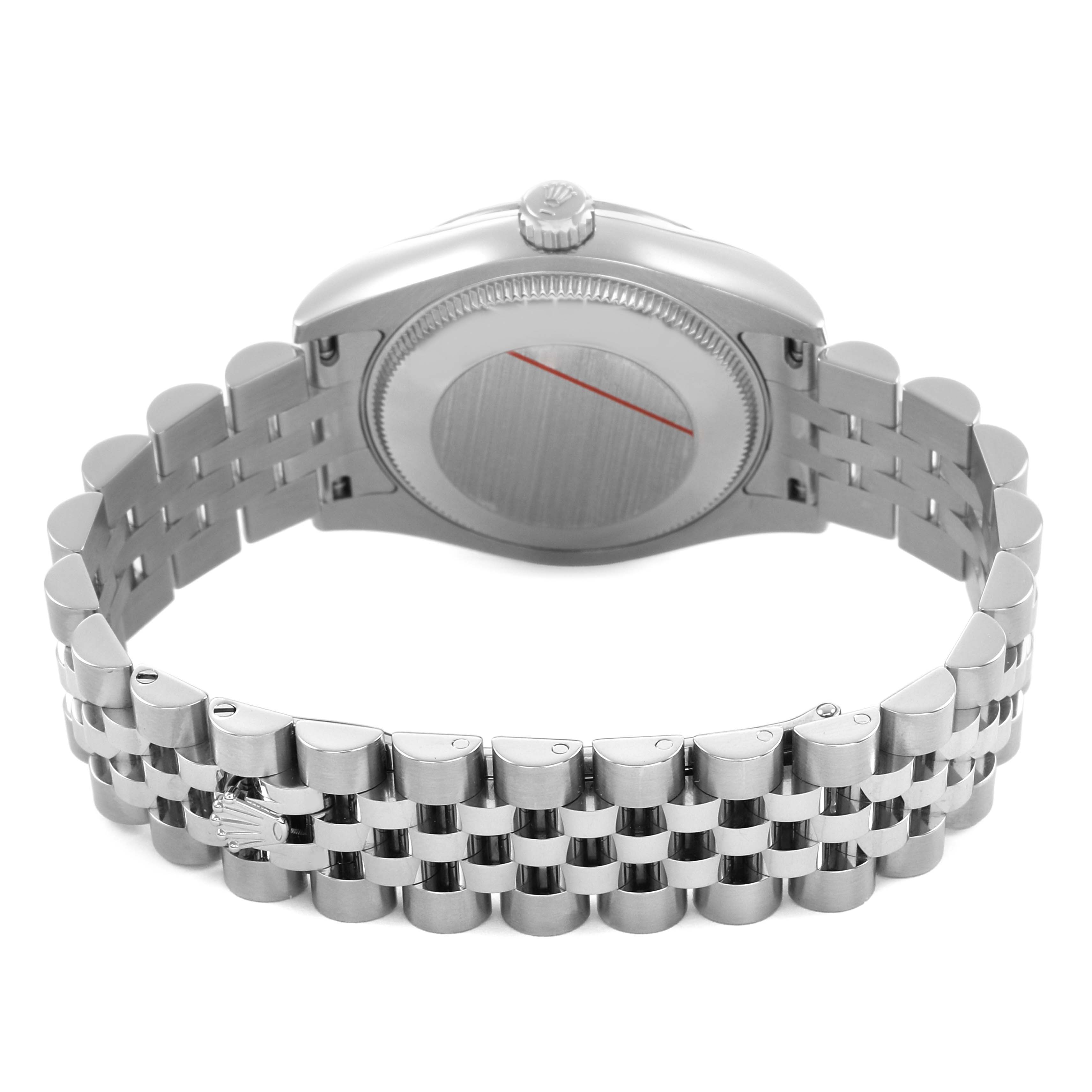 The image shows the back and bracelet of a Rolex Mid-Size 178274 Women's Stainless Steel Mother of Pearl Dial model, highlighting the clasp and rear case.
