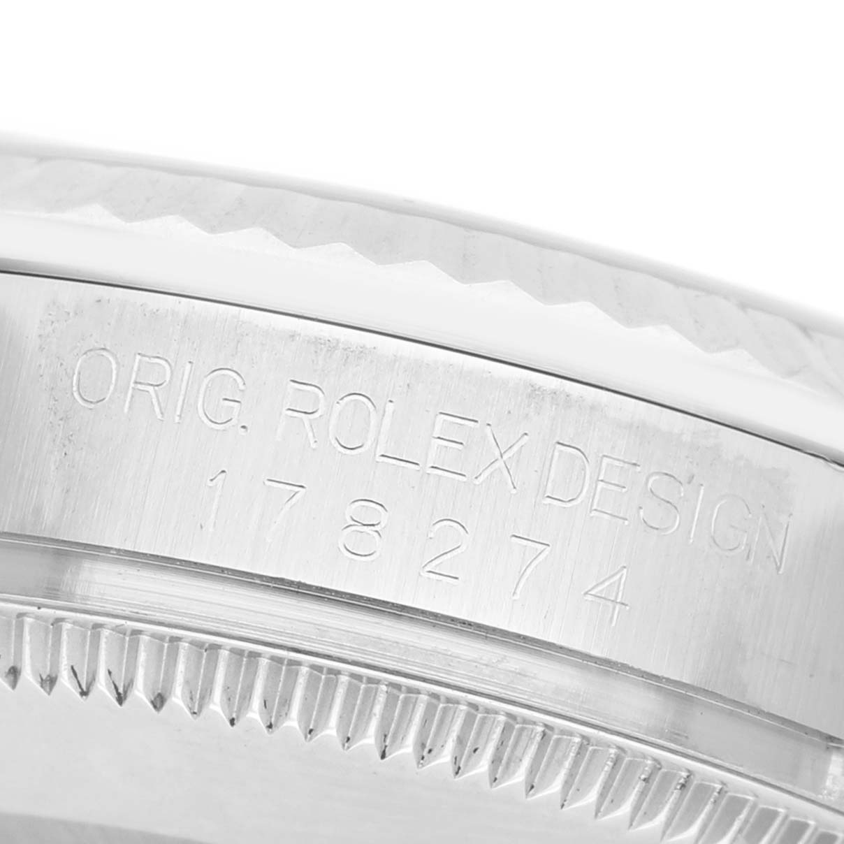 The image shows a close-up side view of the bezel and engraved reference number on a Rolex Mid-Size 178274 Women's Stainless Steel Mother of Pearl Dial watch model.