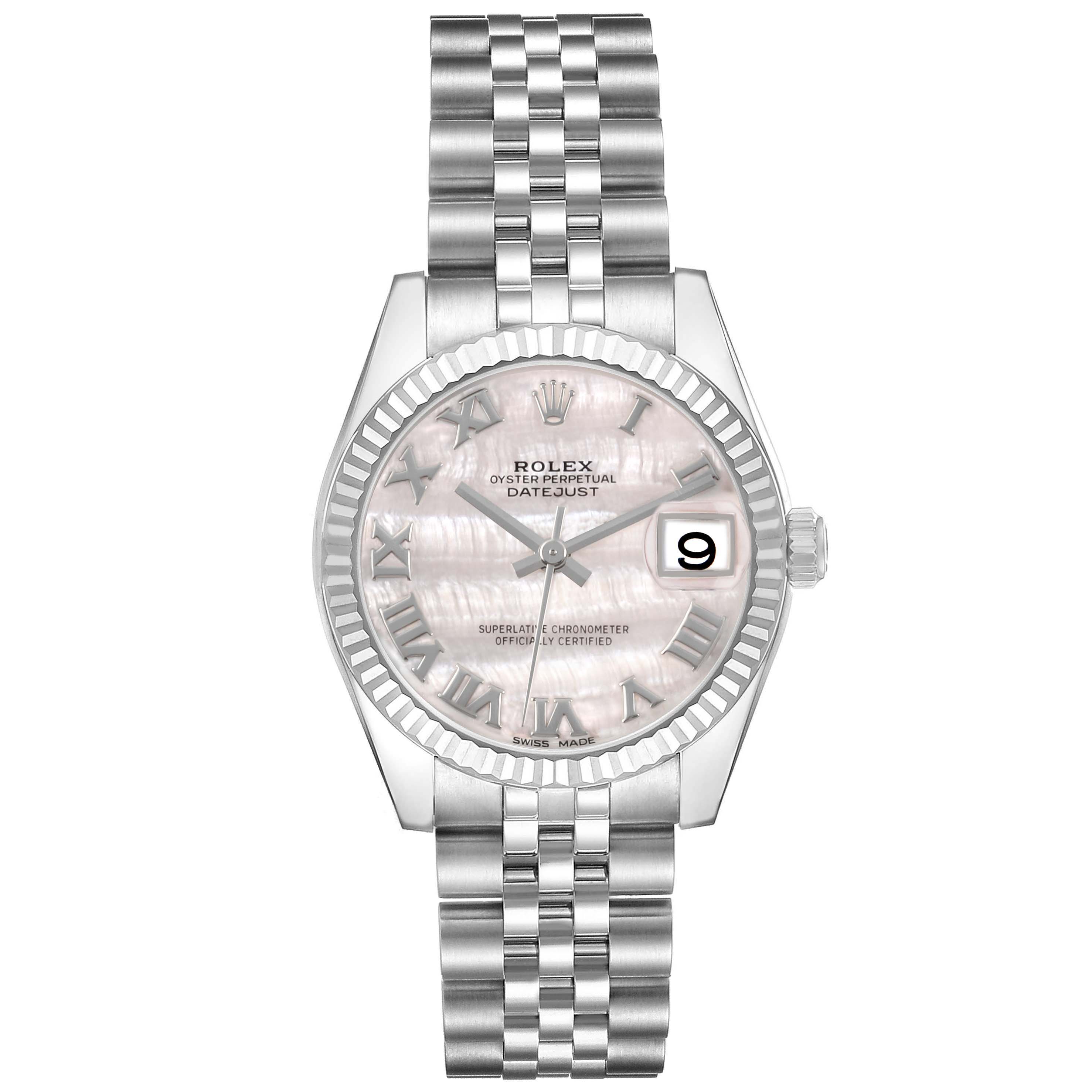 The Rolex Mid-Size 178274 Women's Stainless Steel Mother of Pearl Dial watch is shown from the front, displaying the face, bezel, bracelet, and crown.