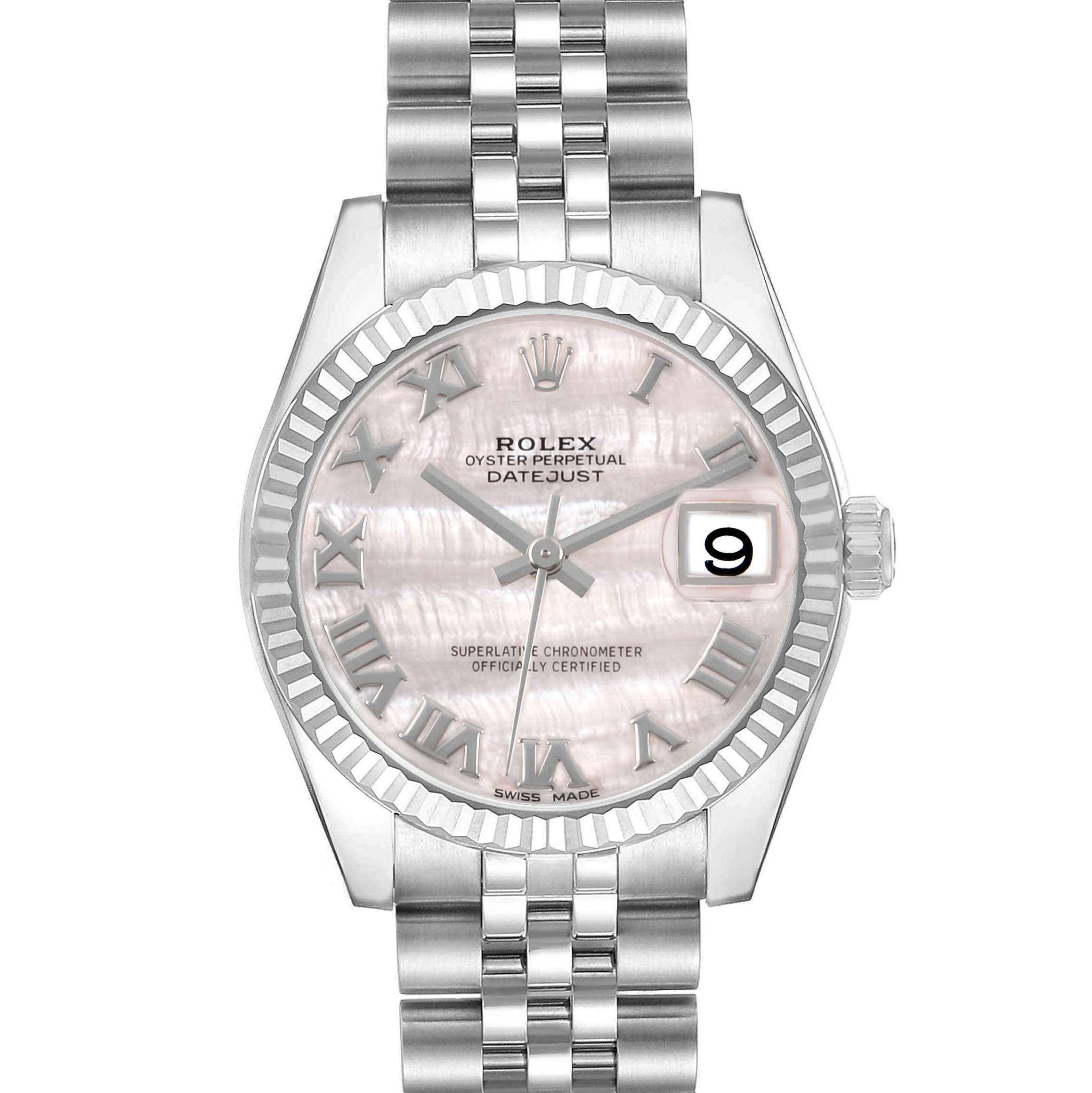 The Rolex Mid-Size 178274 Women's Stainless Steel Mother of Pearl Dial Datejust watch is shown from the front, displaying the dial, bezel, hands, date, and bracelet.