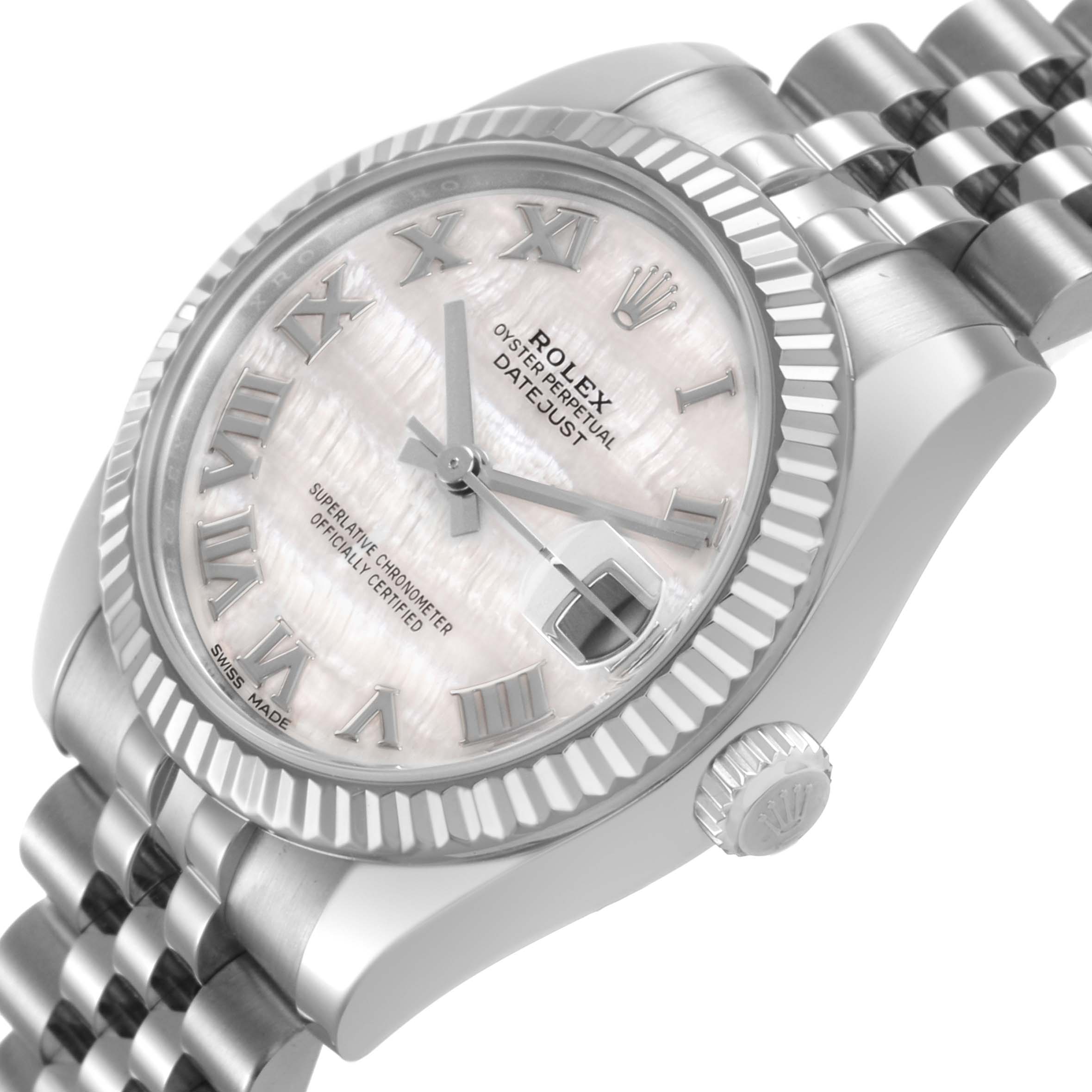 The Rolex Mid-Size 178274 Women's Stainless Steel Mother of Pearl Dial watch is shown at an angled view with a focus on the dial, bezel, crown, and part of the bracelet.
