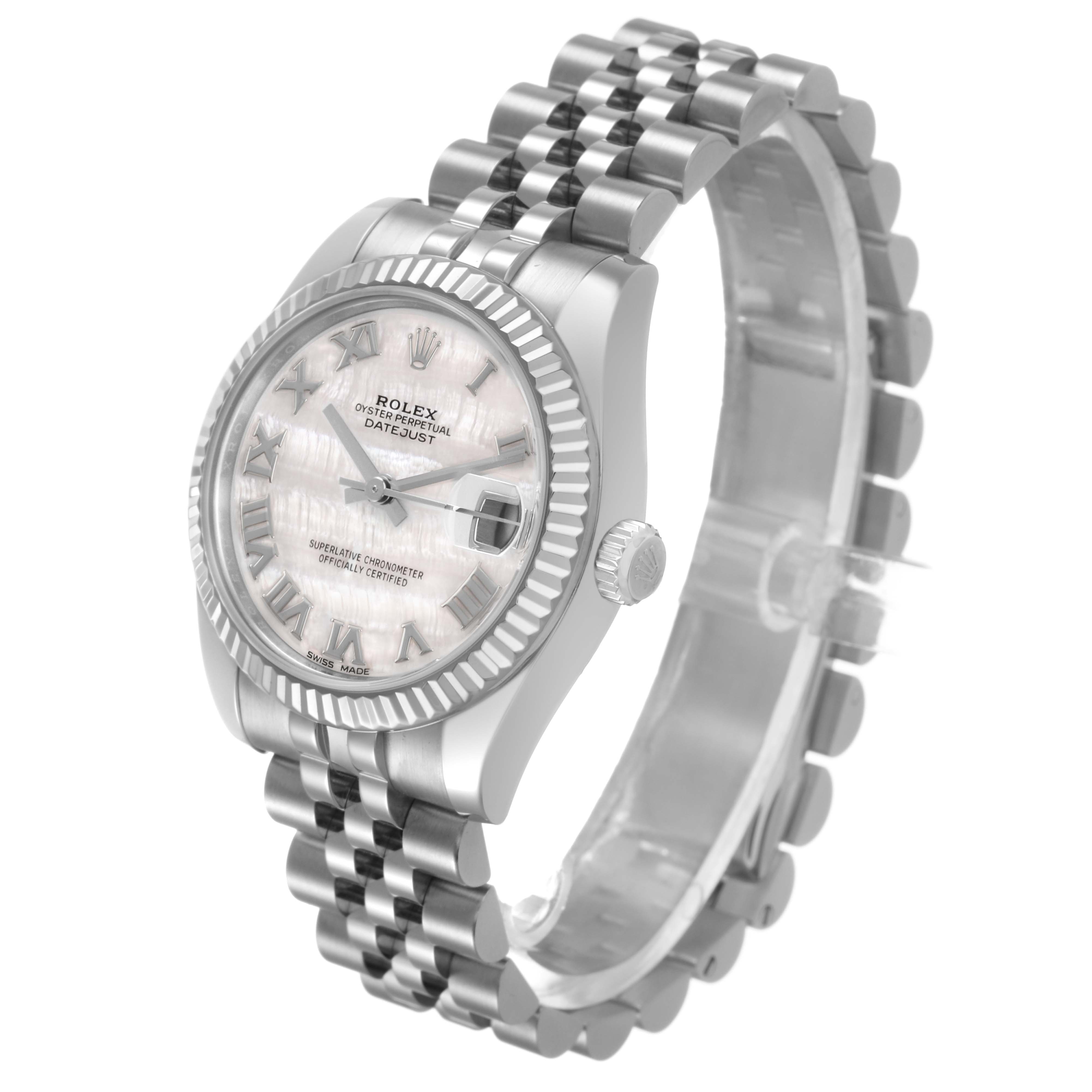 The Rolex Mid-Size 178274 Women's Stainless Steel Mother of Pearl Dial watch is shown at a three-quarter angle, highlighting the face, bezel, crown, and Jubilee bracelet.
