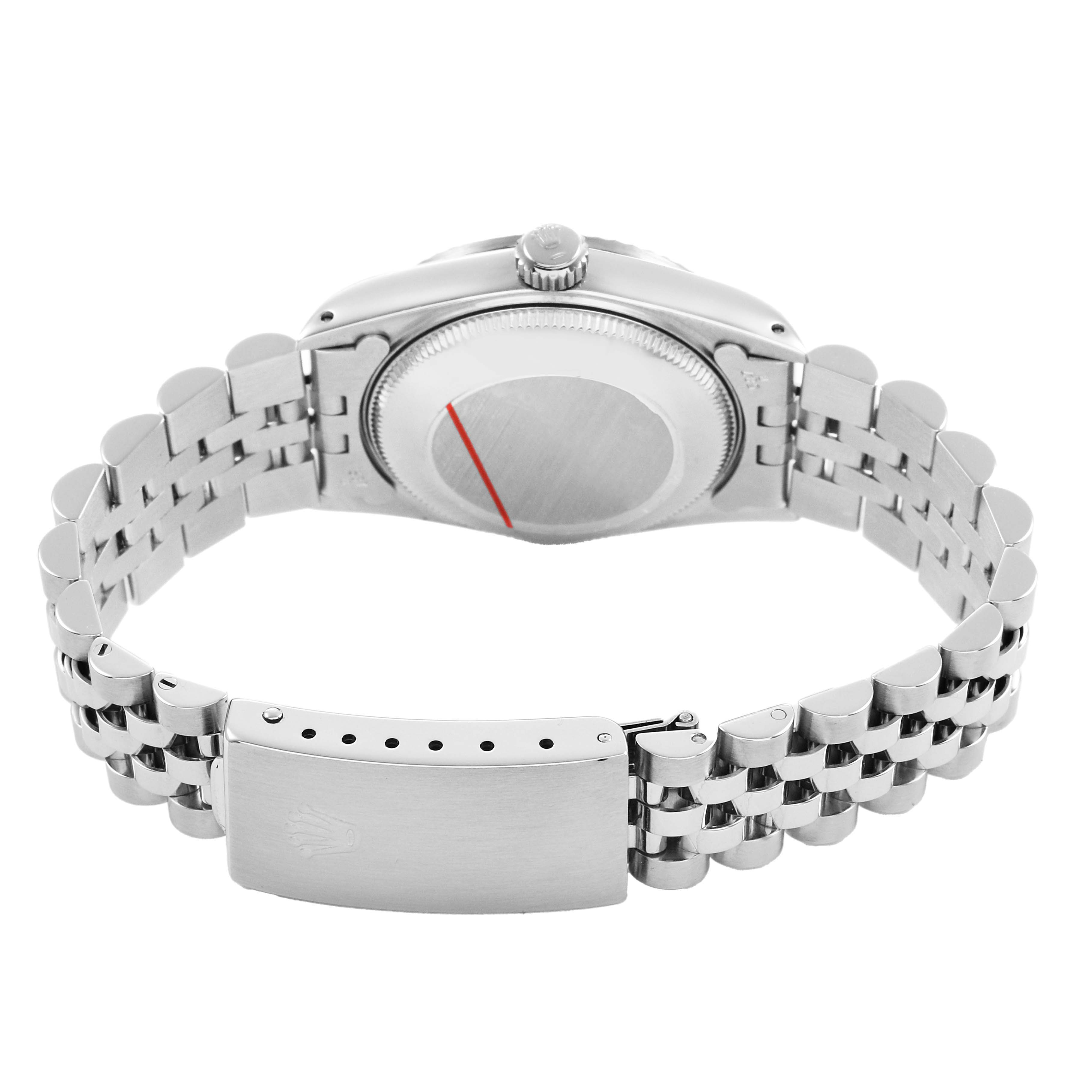 The Rolex Mid-Size 68274 Womens Stainless Steel White Dial watch is shown from the back, highlighting the case back and bracelet clasp.