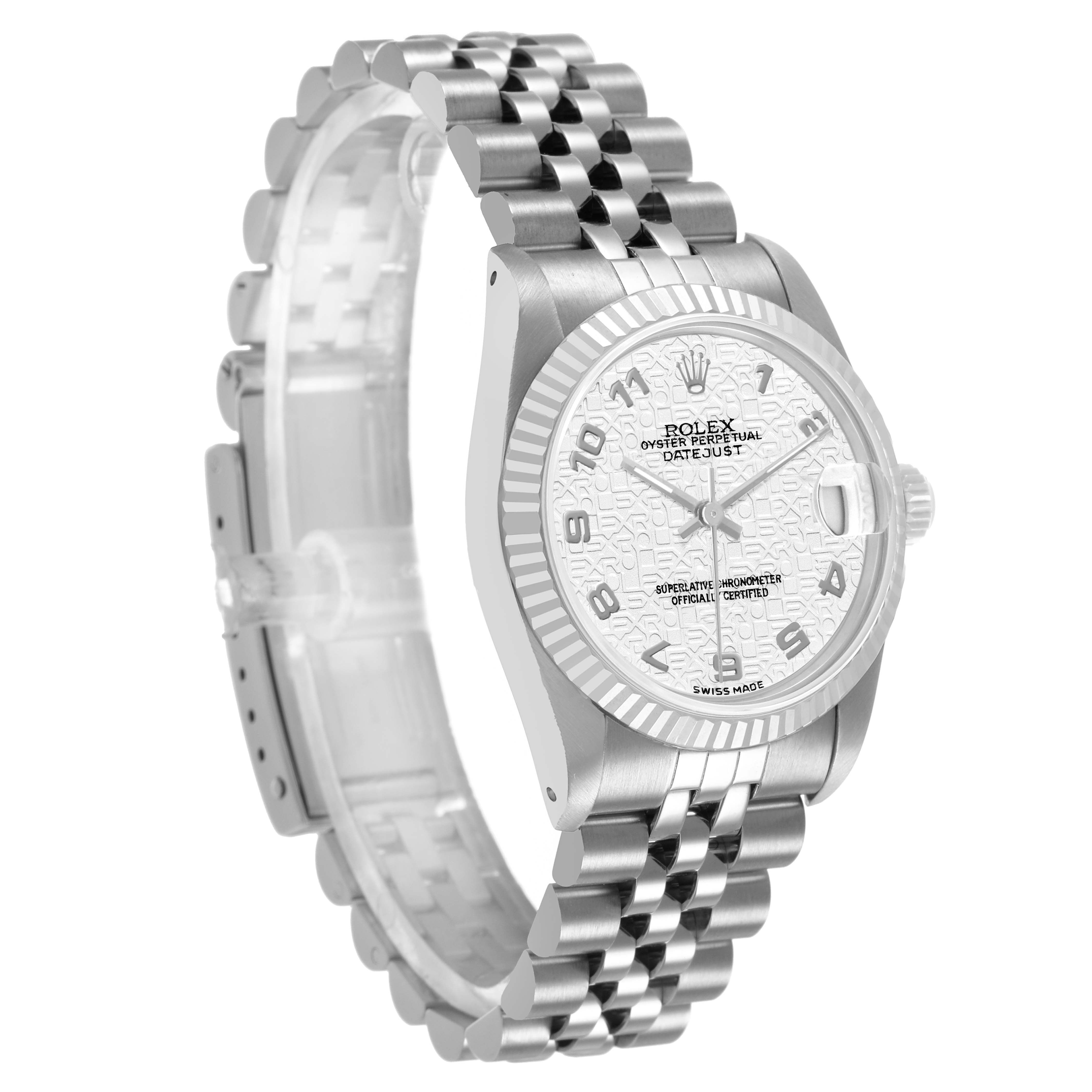 The Rolex Mid-Size 68274 Womens Stainless Steel White Dial watch is shown at a three-quarter angle, highlighting the face, bezel, and bracelet.