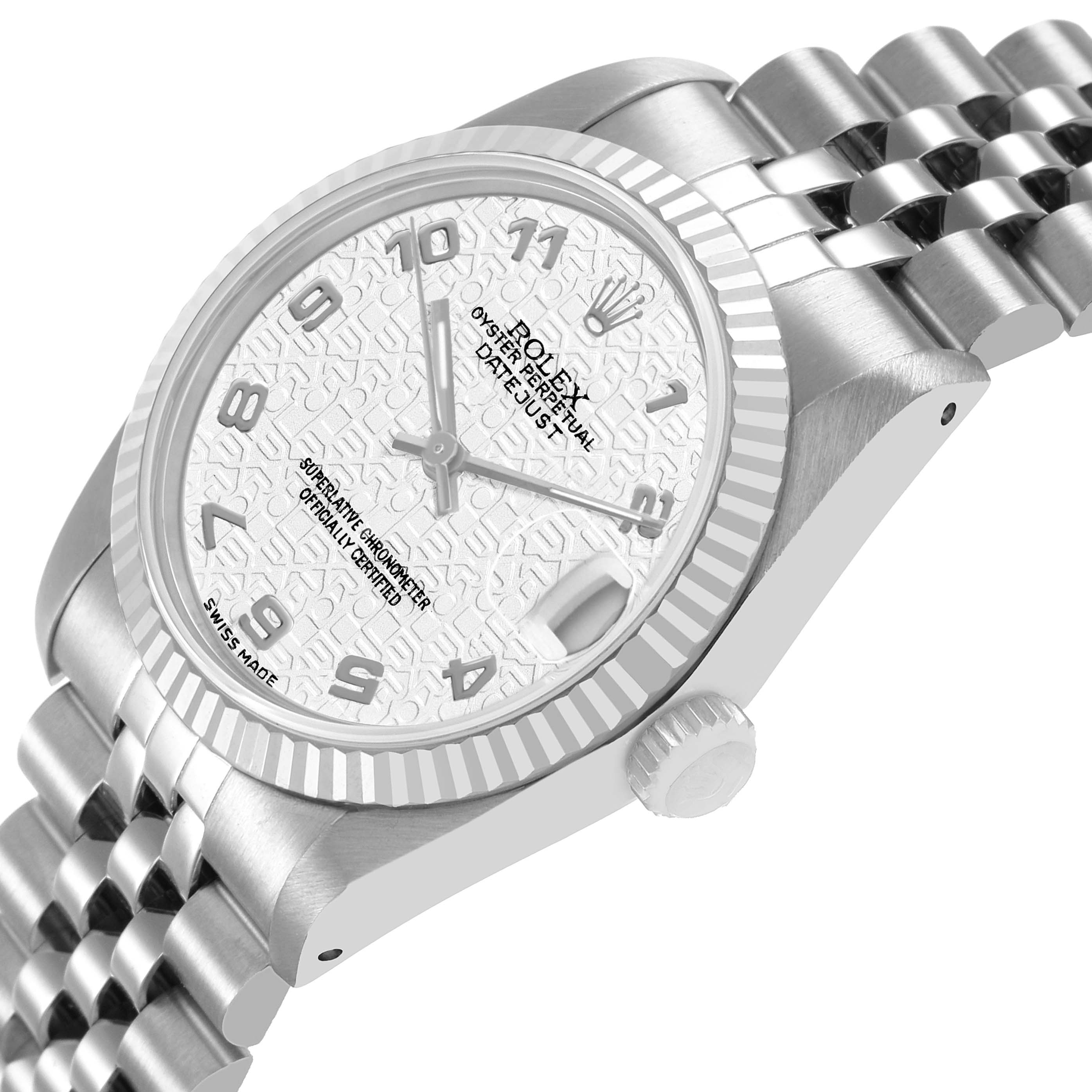 The Rolex Mid-Size 68274 Womens Stainless Steel White Dial watch is shown at an oblique angle highlighting the face, bezel, and part of the bracelet.