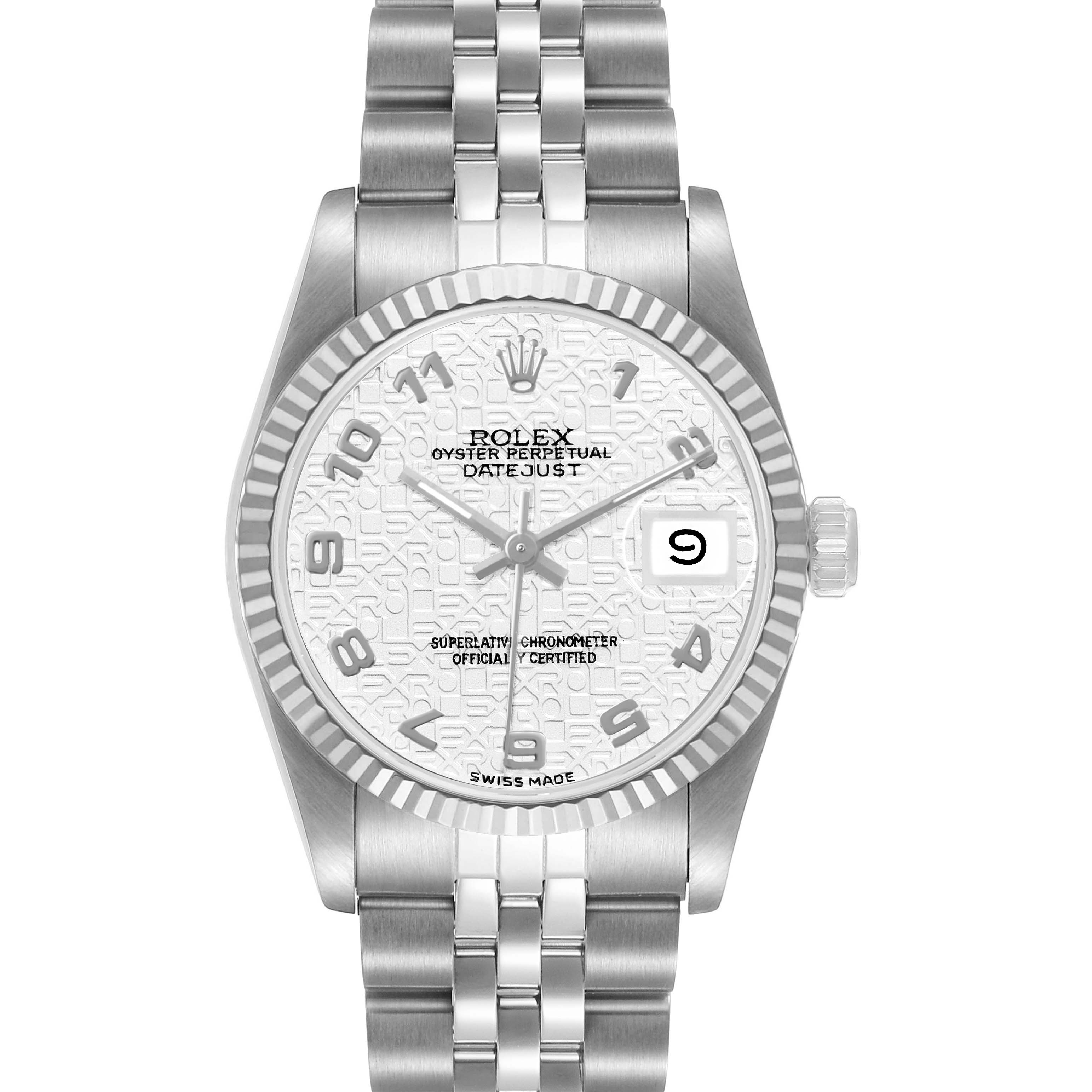 The Rolex Mid-Size 68274 Womens Stainless Steel White Dial Datejust watch is shown from a front view, highlighting the dial, bezel, and bracelet.