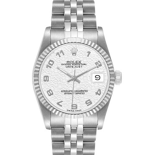 The Rolex Mid-Size 68274 Womens Stainless Steel White Dial Datejust watch is shown from the front, highlighting the dial, bezel, crown, and bracelet.