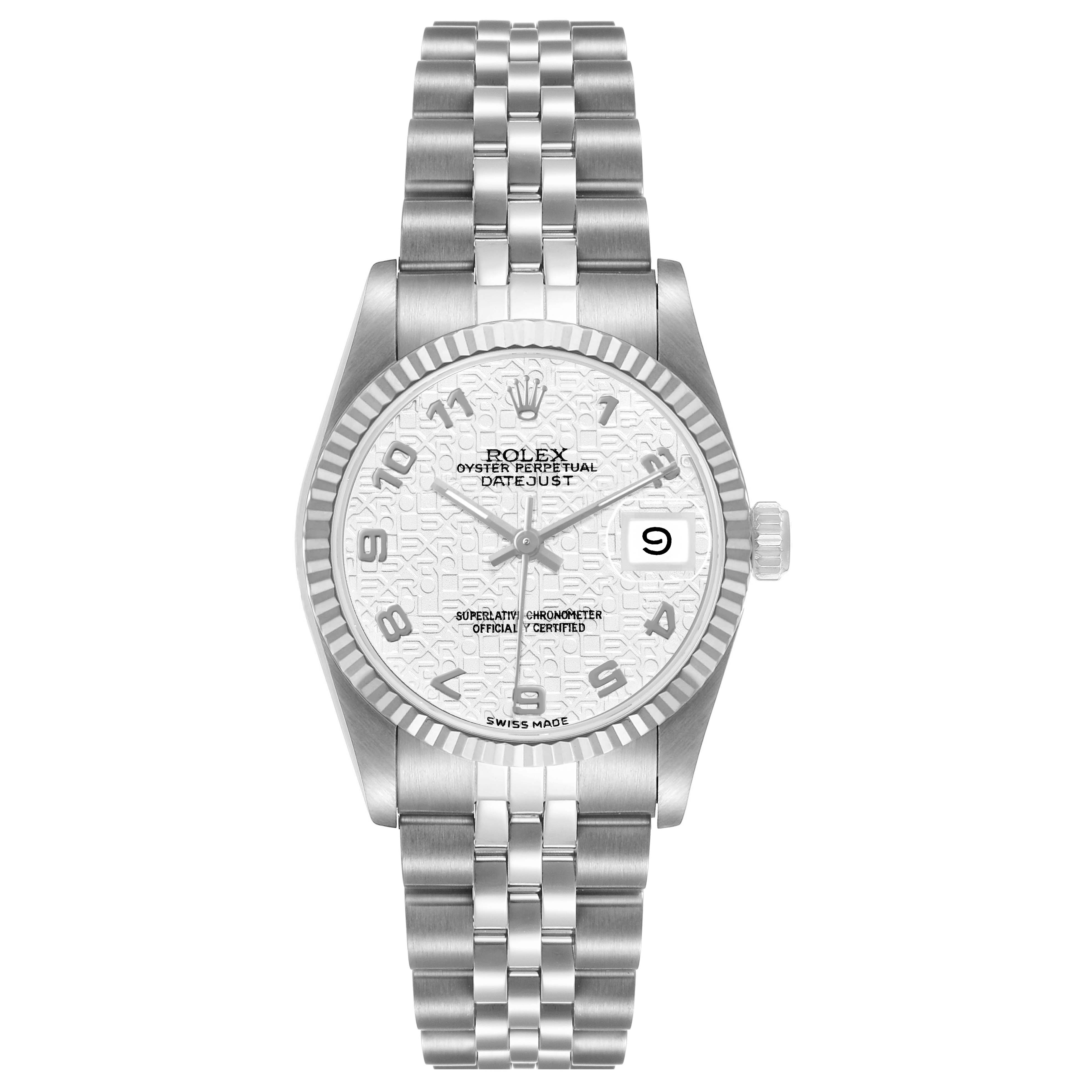 The Rolex Mid-Size 68274 Womens Stainless Steel White Dial model is shown from a top-down angle, displaying the dial, bezel, and bracelet.