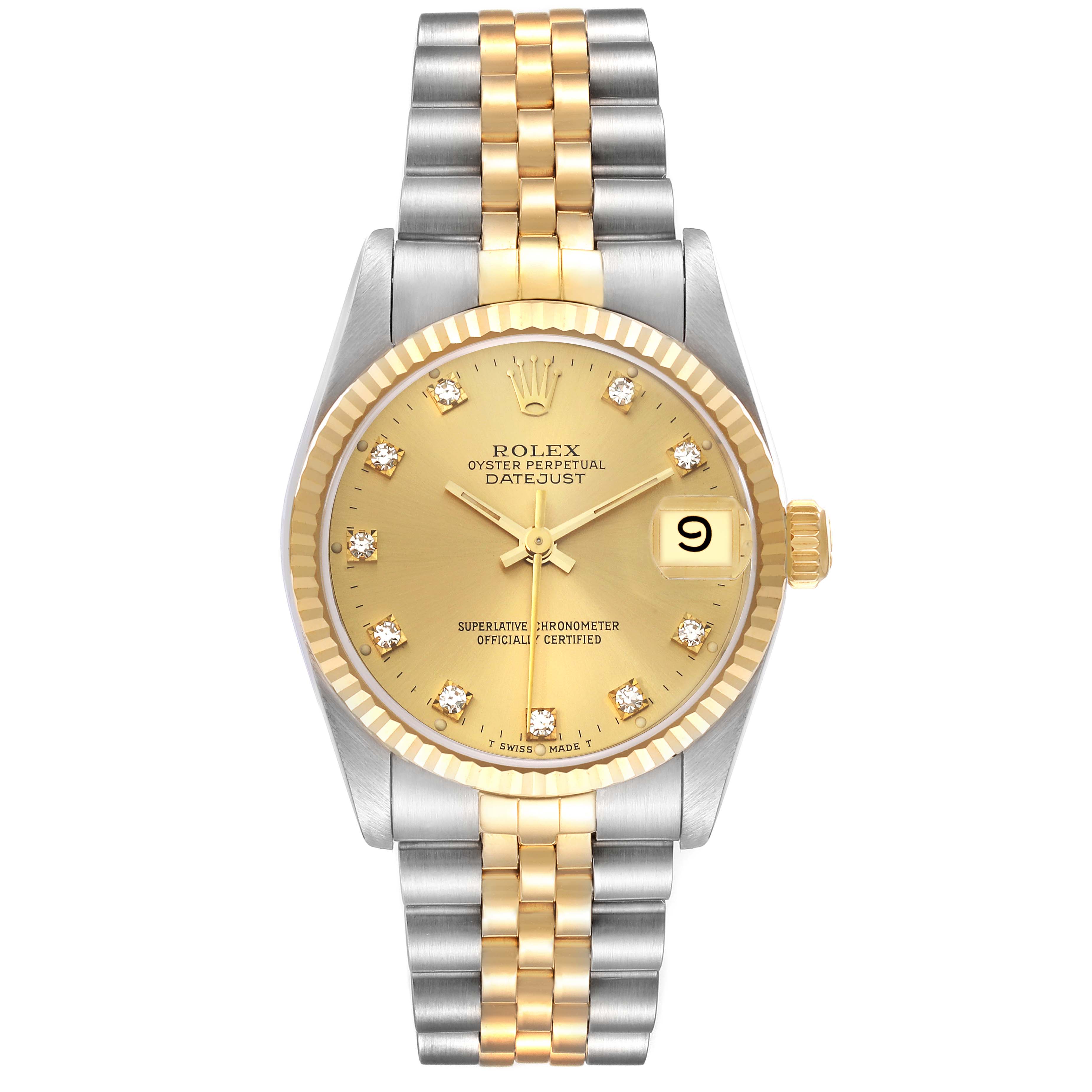 This image shows the front view of a Rolex Mid-Size 68273 Women's Steel and Gold (two tone) Champagne Dial 68273 Women's Steel and Gold (two tone) Champagne Dial Oyster Perpetual Datejust, highlighting the dial and two-tone bracelet.