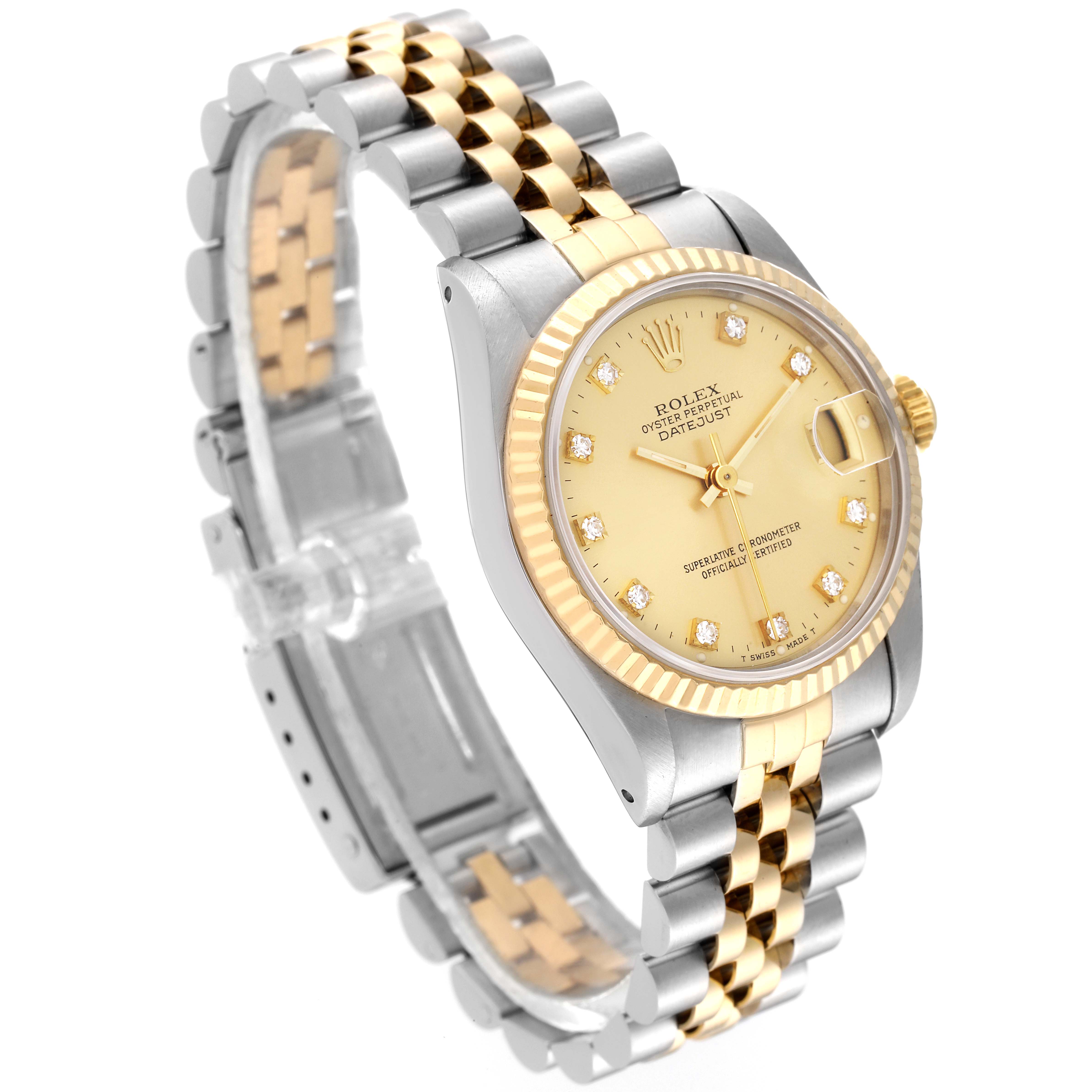 The Rolex Mid-Size 68273 Women's Steel and Gold (two tone) Champagne Dial 68273 Women's Steel and Gold (two tone) Champagne Dial Datejust watch is shown at an angle displaying the face, bezel, and two-tone bracelet.