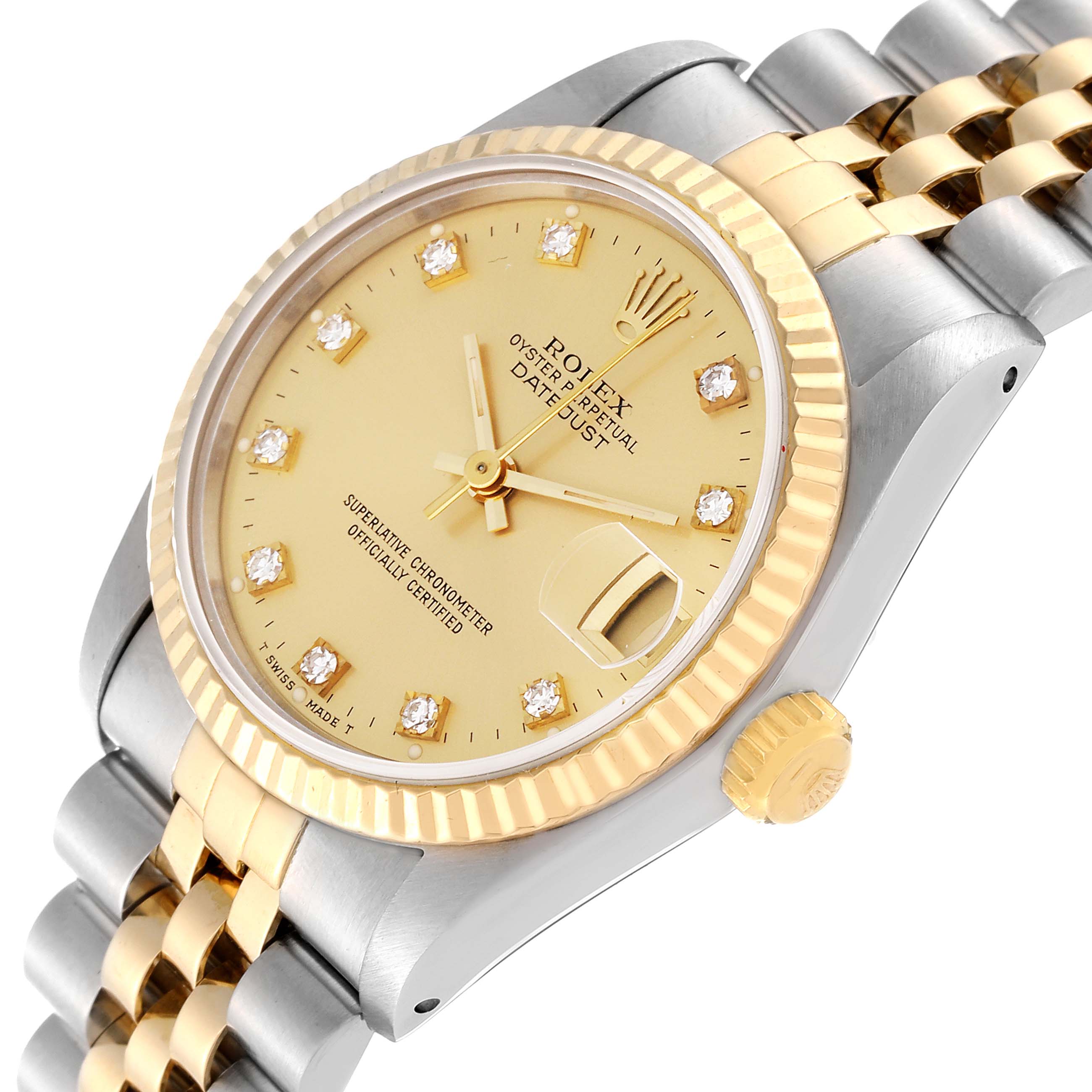 This image shows a close-up angled view of the dial, bezel, crown, and bracelet of a Rolex Mid-Size 68273 Women's Steel and Gold (two tone) Champagne Dial 68273 Women's Steel and Gold (two tone) Champagne Dial Datejust watch.