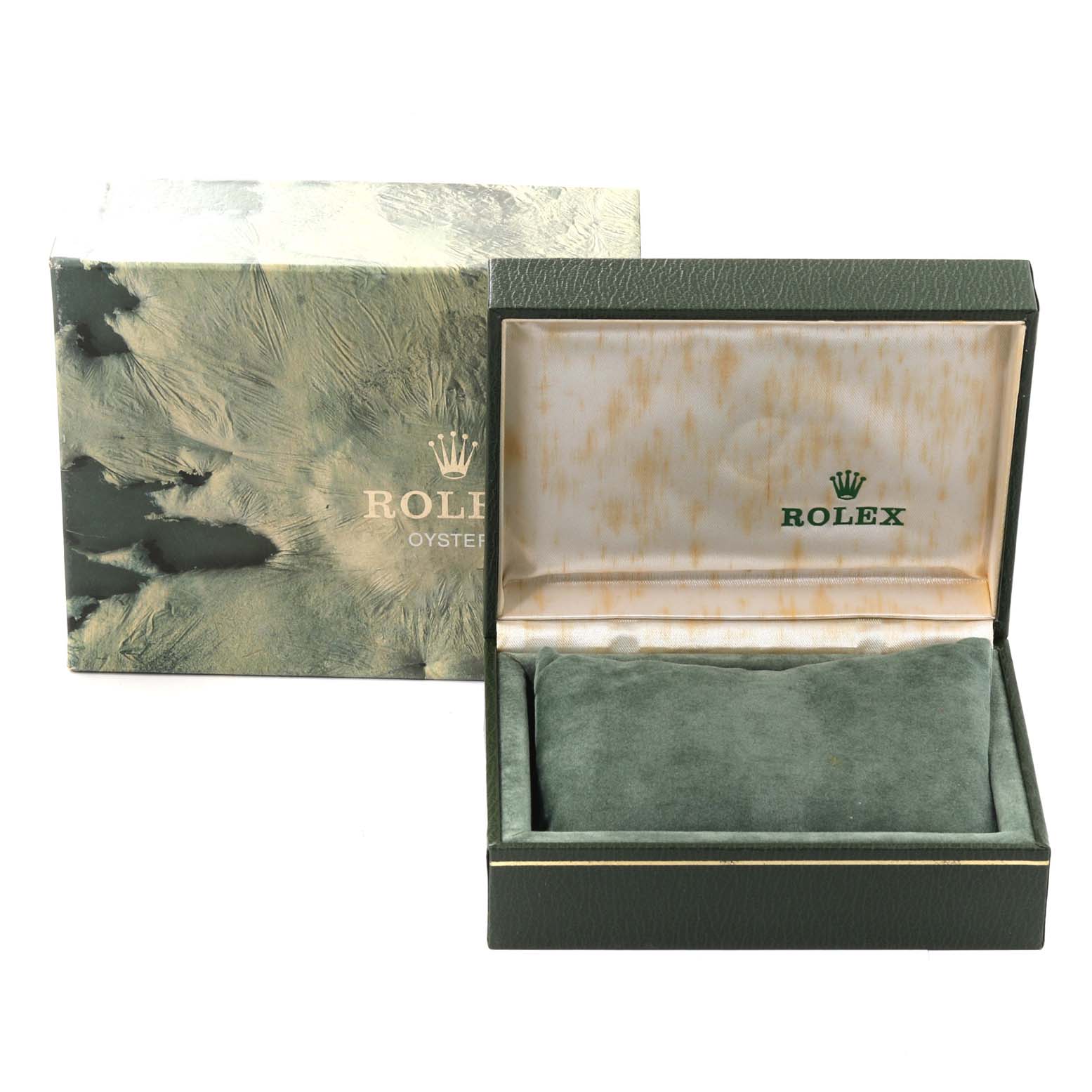 The image shows a green Rolex watch box for a Mid-Size model, with the inner and outer packaging displayed.