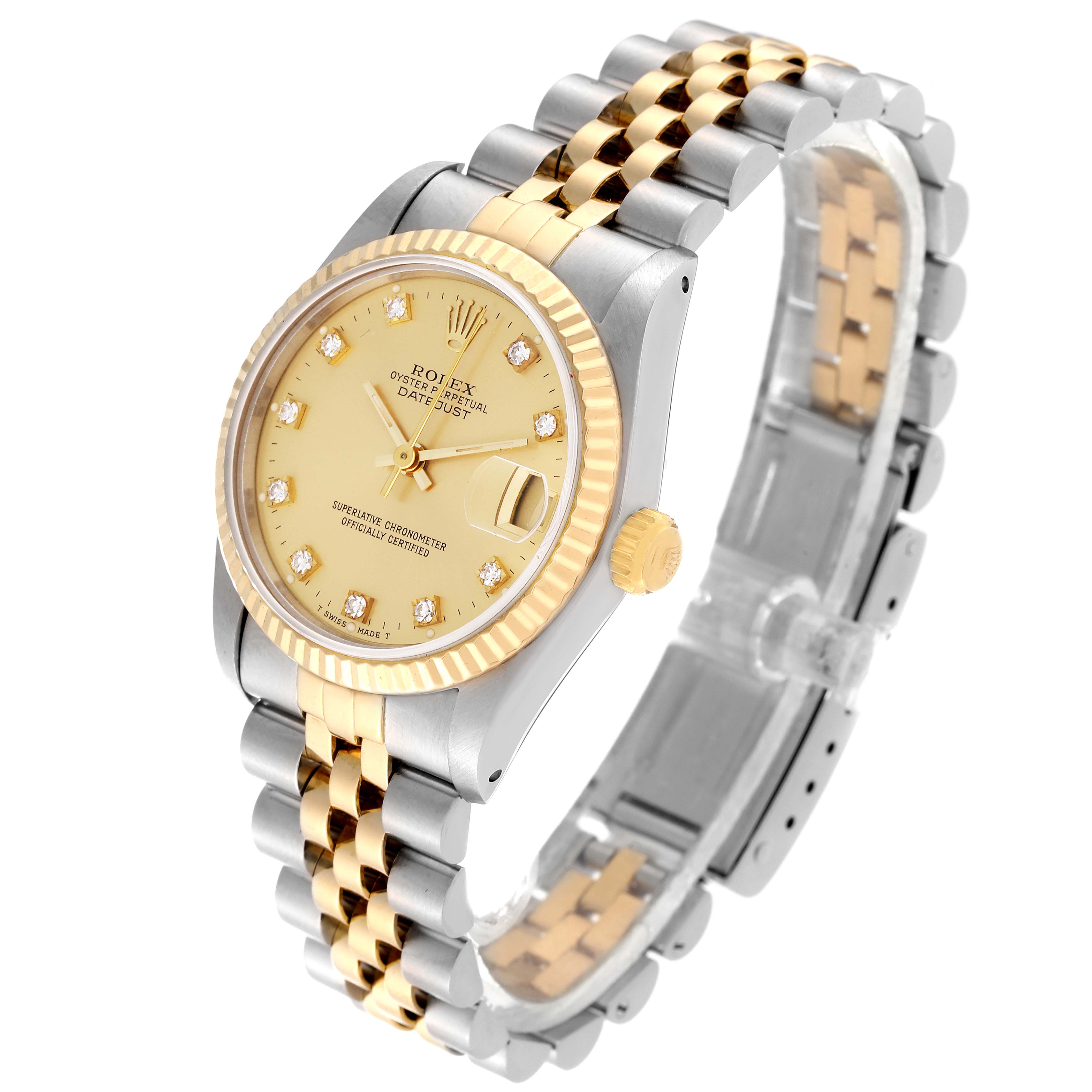 The image shows a Mid-Size Rolex Datejust watch at an angle, highlighting the dial, bezel, and two-tone bracelet.