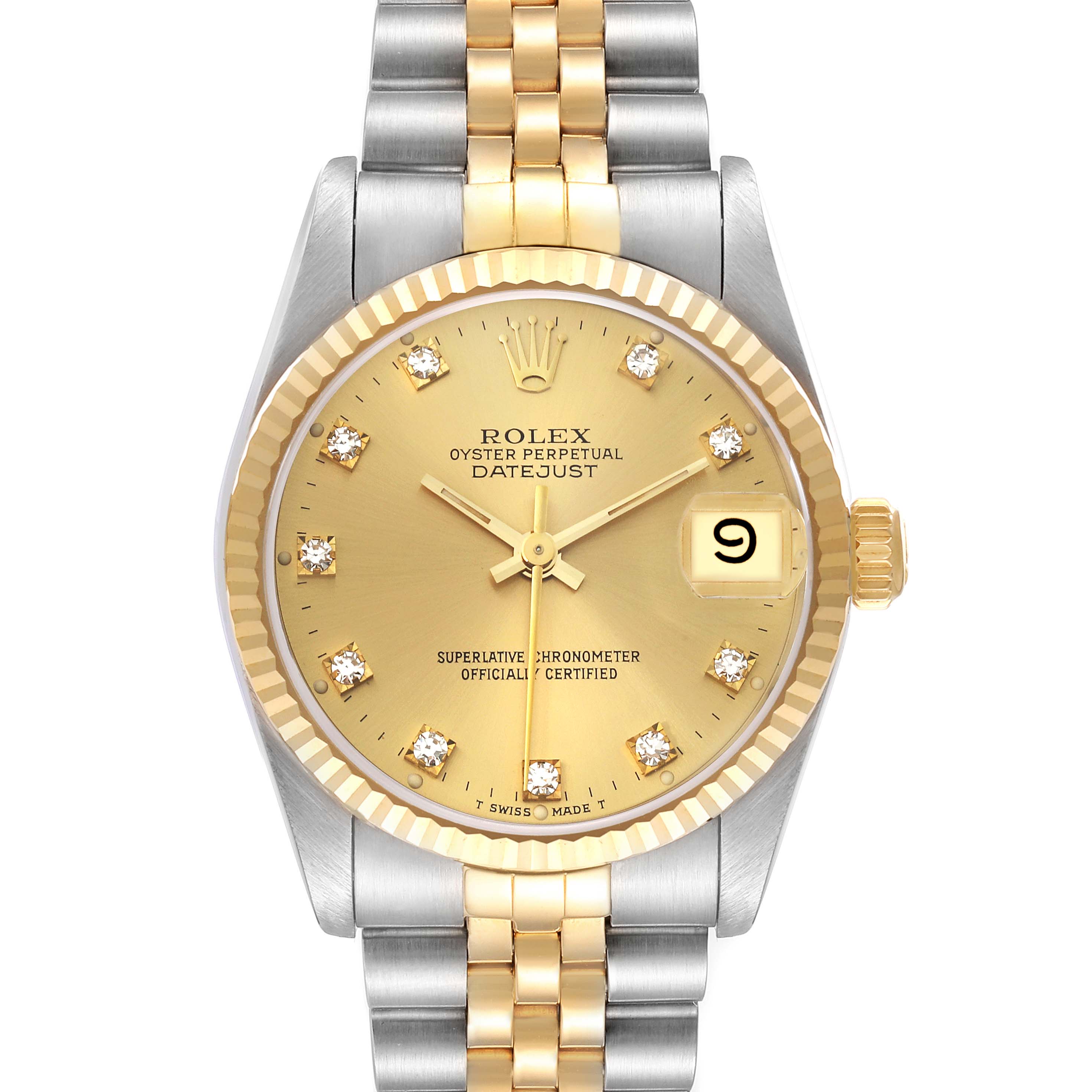 The Rolex Mid-Size 68273 Women's Steel and Gold (two tone) Champagne Dial 68273 Women's Steel and Gold (two tone) Champagne Dial Datejust watch is shown from the front, highlighting its gold dial, fluted bezel, and two-tone bracelet.