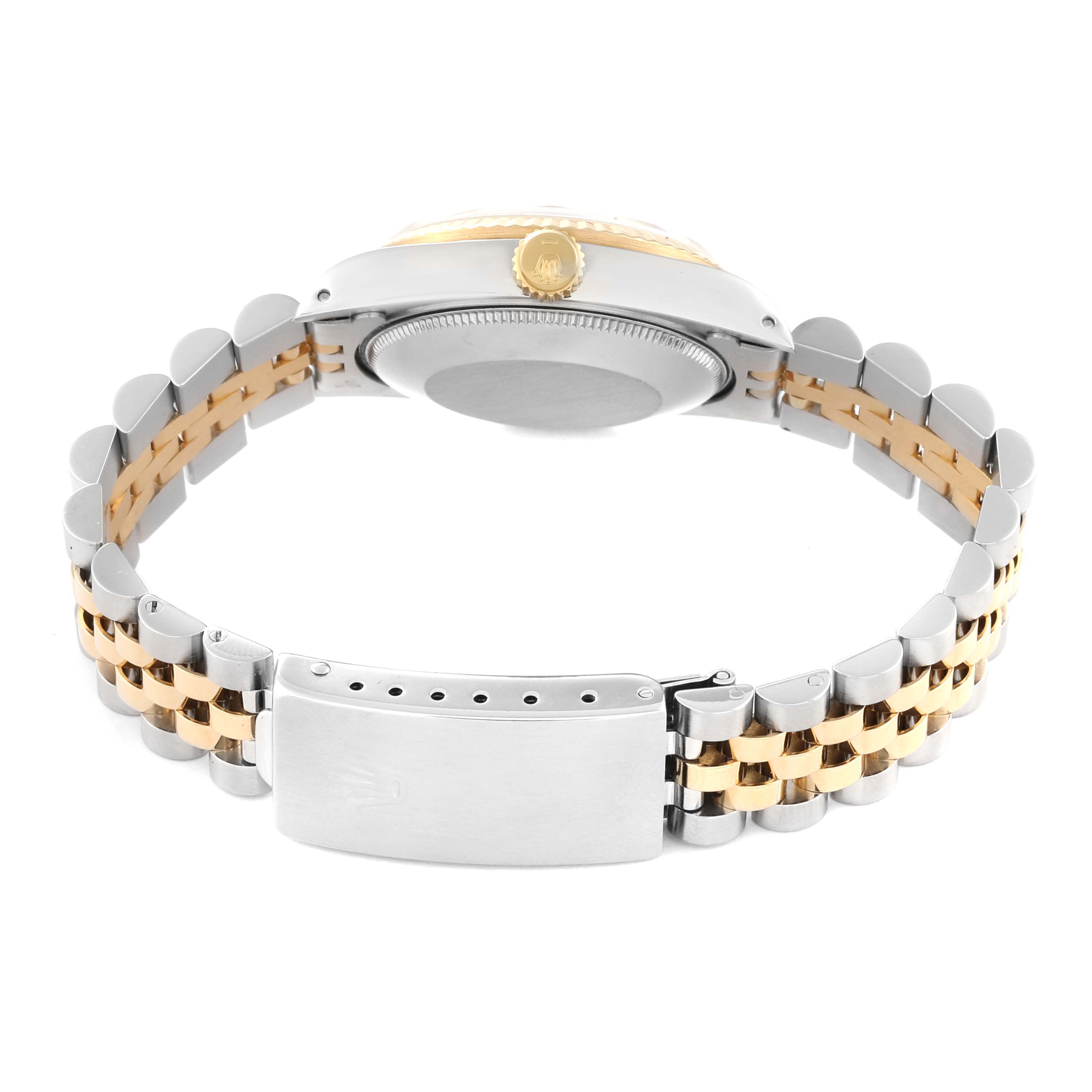 The image shows the back and side of a Rolex Mid-Size 68273 Women's Steel and Gold (two tone) Champagne Dial 68273 Women's Steel and Gold (two tone) Champagne Dial model watch, highlighting its two-tone bracelet and clasp.