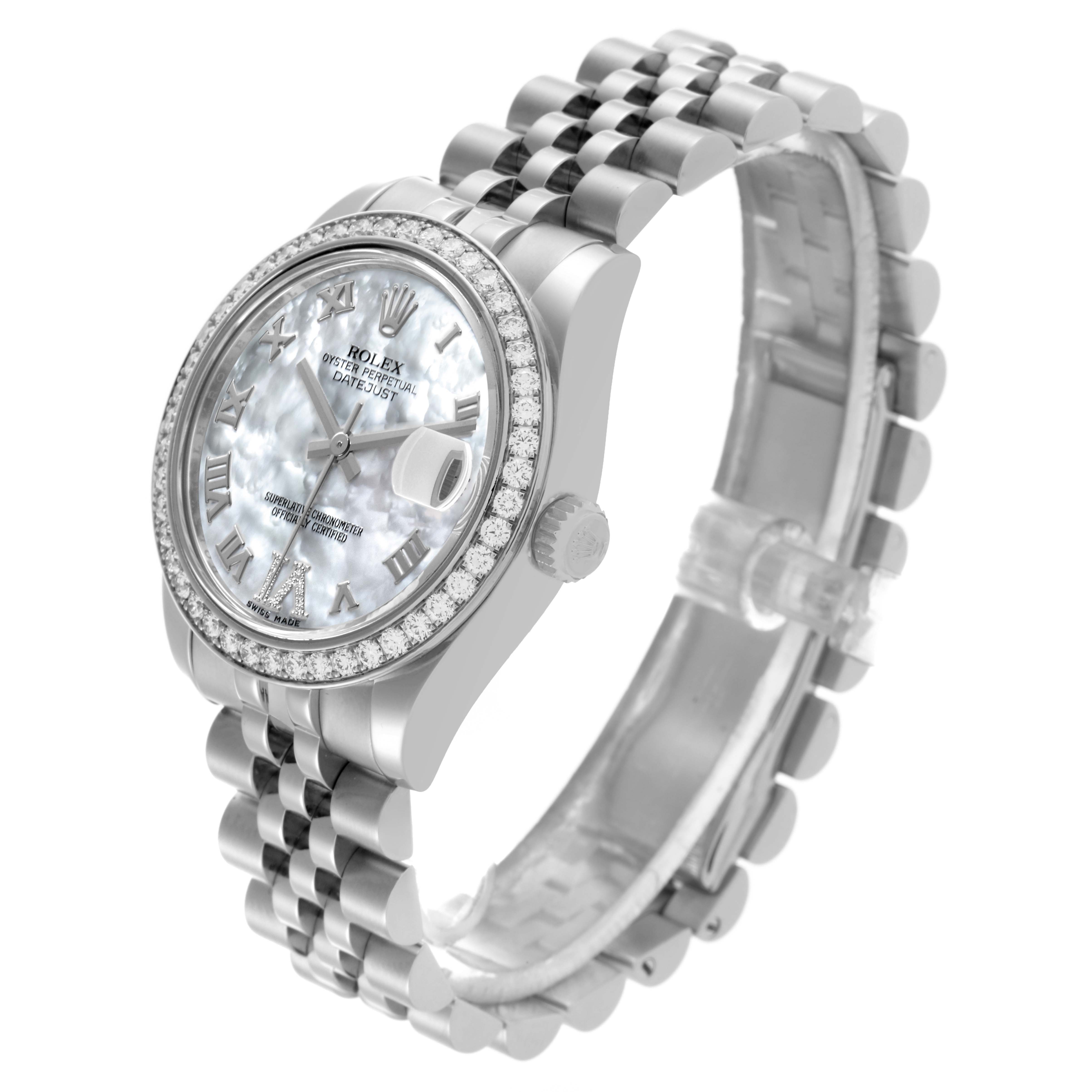 The Rolex Mid-Size 178384 Women
s Stainless Steel Mother of Pearl Dial 178384 Women
s Stainless Steel Mother of Pearl Dial watch is shown from a slightly tilted side angle, highlighting the band, bezel, dial, and crown.