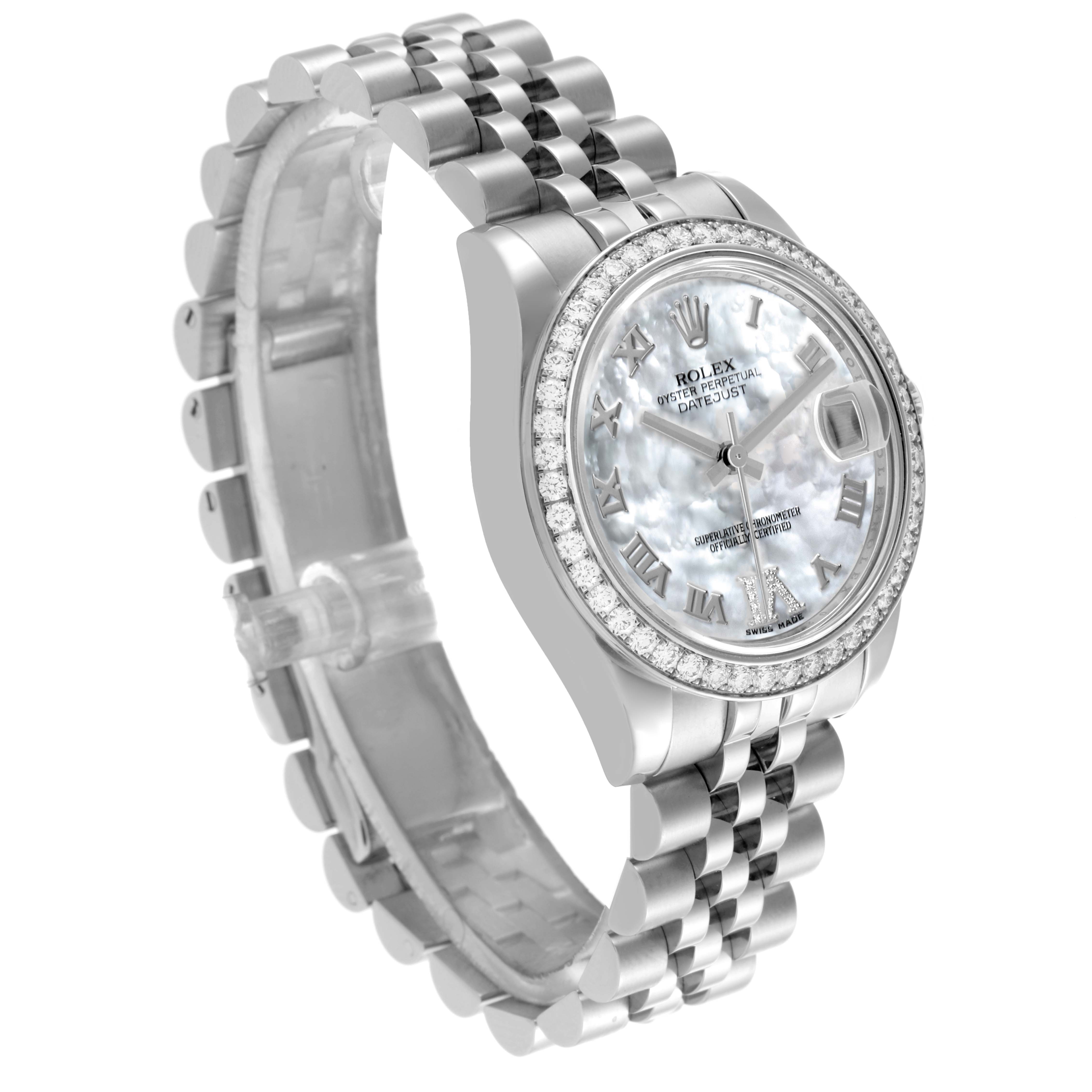 The Rolex Mid-Size 178384 Women
s Stainless Steel Mother of Pearl Dial 178384 Women
s Stainless Steel Mother of Pearl Dial watch is angled to show the face, bezel, and bracelet, highlighting its detailed design and craftsmanship.