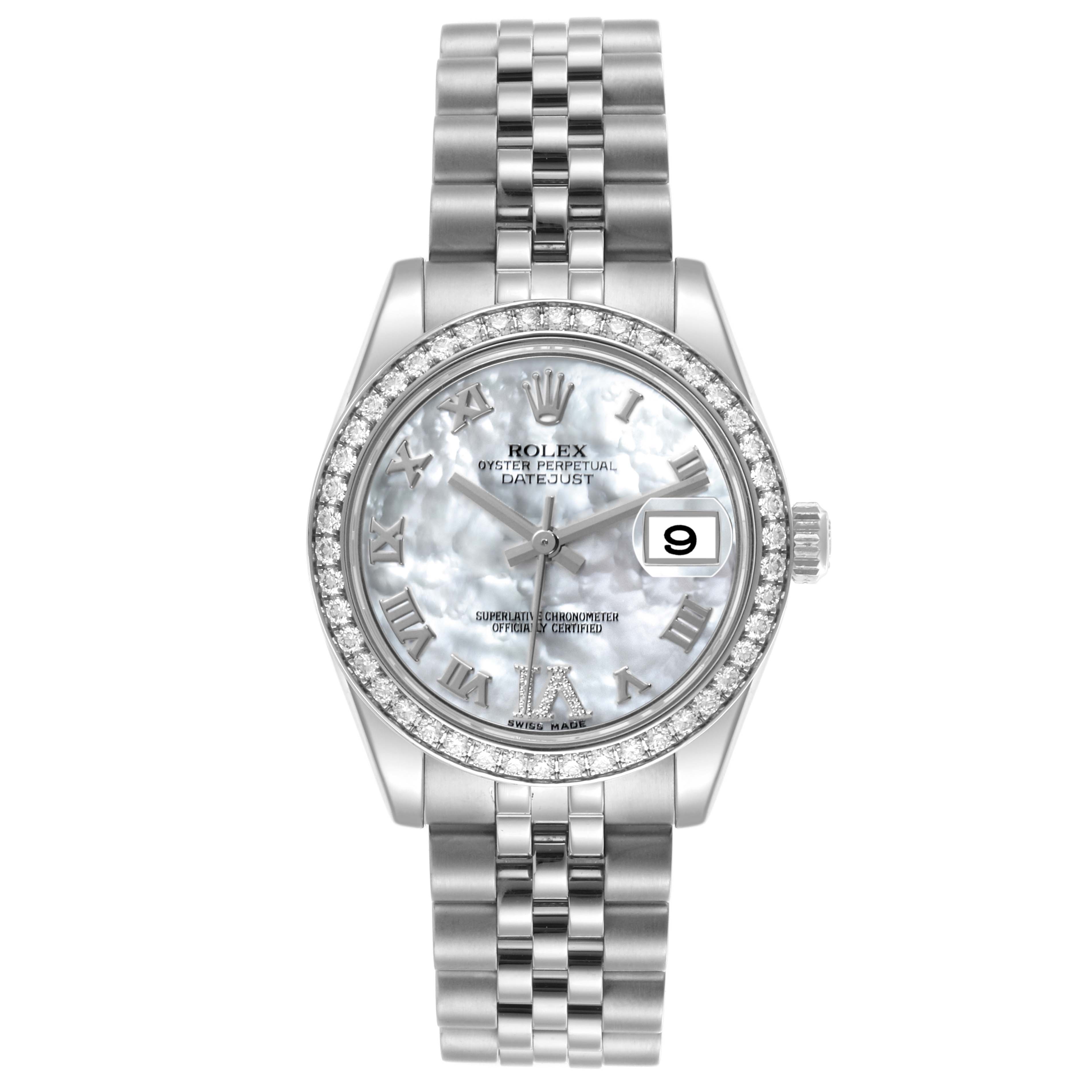 The Rolex Mid-Size 178384 Women
s Stainless Steel Mother of Pearl Dial 178384 Women
s Stainless Steel Mother of Pearl Dial watch is shown from the front, displaying its face, bezel, and bracelet.