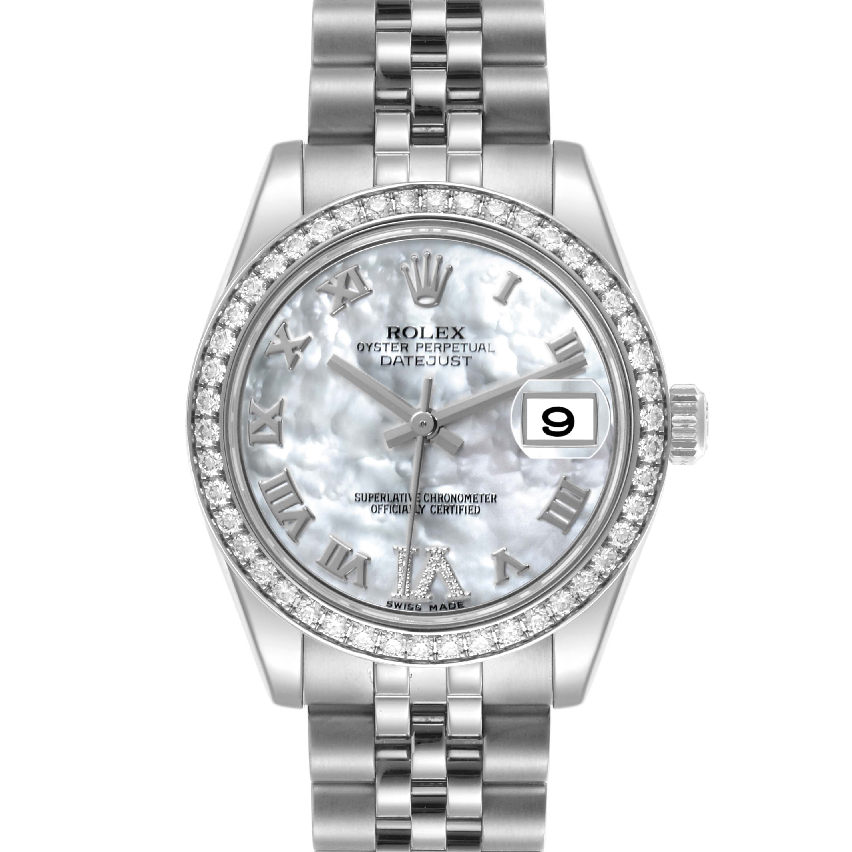 The Rolex Datejust Mid-Size watch is shown from the front, displaying the dial, bezel, bracelet, and date window.