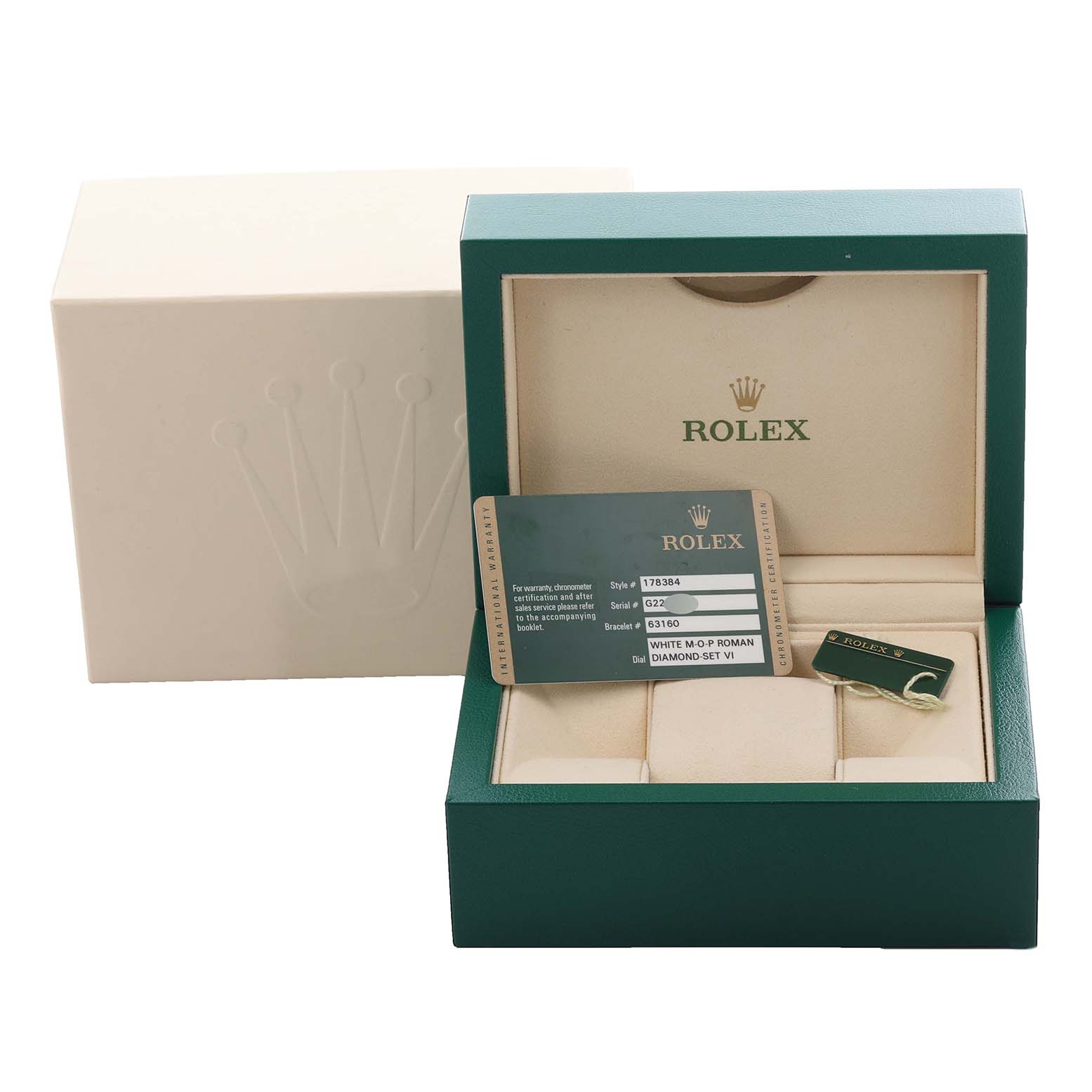 The image shows a Rolex Mid-Size 178384 Women
s Stainless Steel Mother of Pearl Dial 178384 Women
s Stainless Steel Mother of Pearl Dial model box with a certificate card and tag from a front angle.