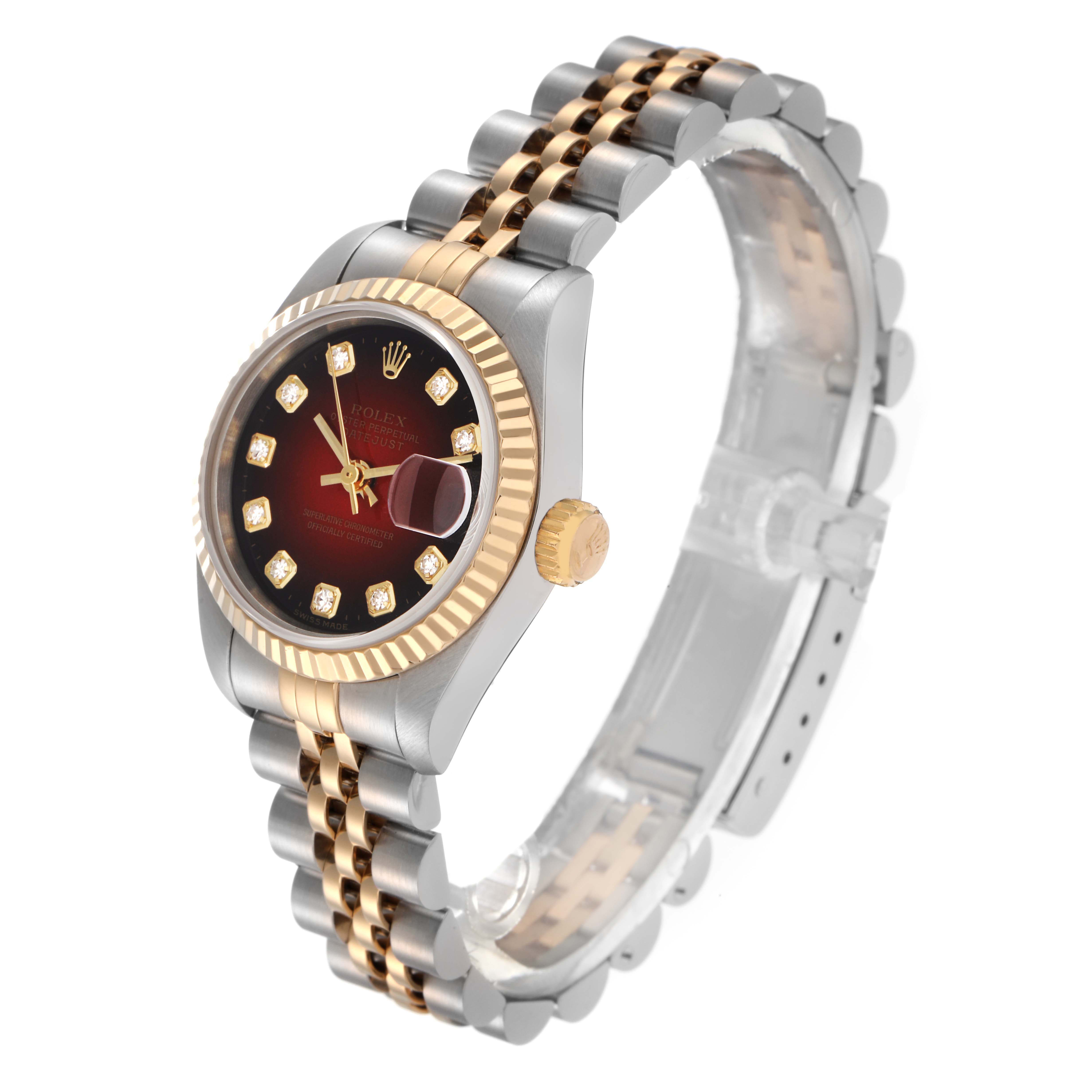 The Rolex Datejust 69173 Women
s Steel and Gold (two tone) Red Dial 69173 Women
s Steel and Gold (two tone) Red Dial watch is shown at a slight angle, highlighting its bracelet, bezel, face, and crown.