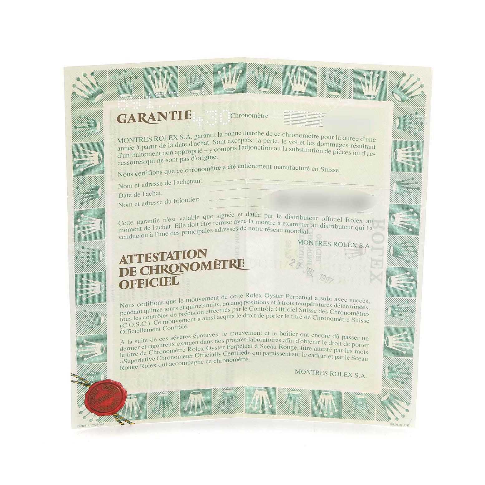 The image shows a laid-out official guarantee and chronometer certification document for a Rolex Datejust 69173 Women
s Steel and Gold (two tone) Red Dial 69173 Women
s Steel and Gold (two tone) Red Dial watch.