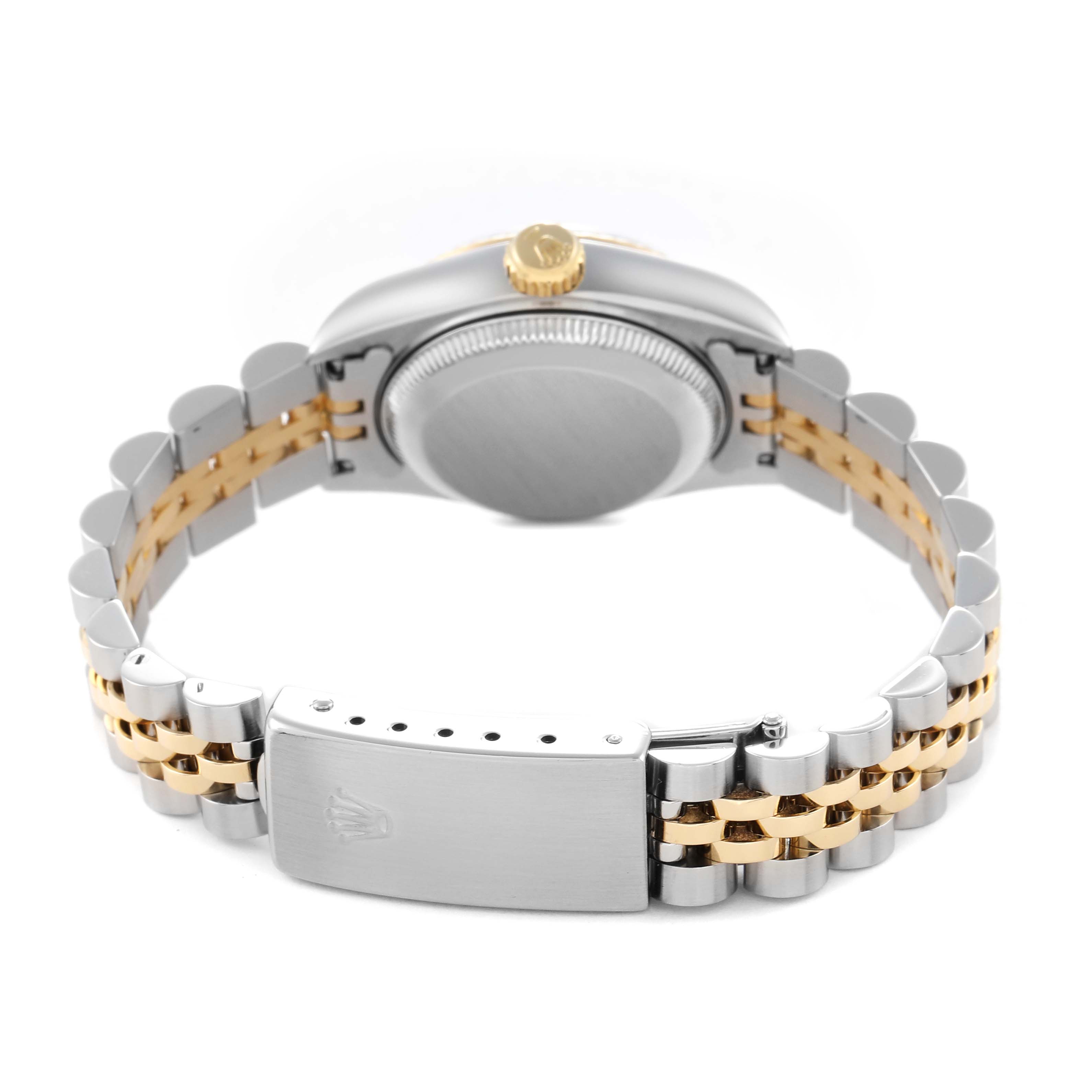 The image shows the back view of the Rolex Datejust 69173 Women
s Steel and Gold (two tone) Red Dial 69173 Women
s Steel and Gold (two tone) Red Dial watch, highlighting the clasp and part of the bracelet links.