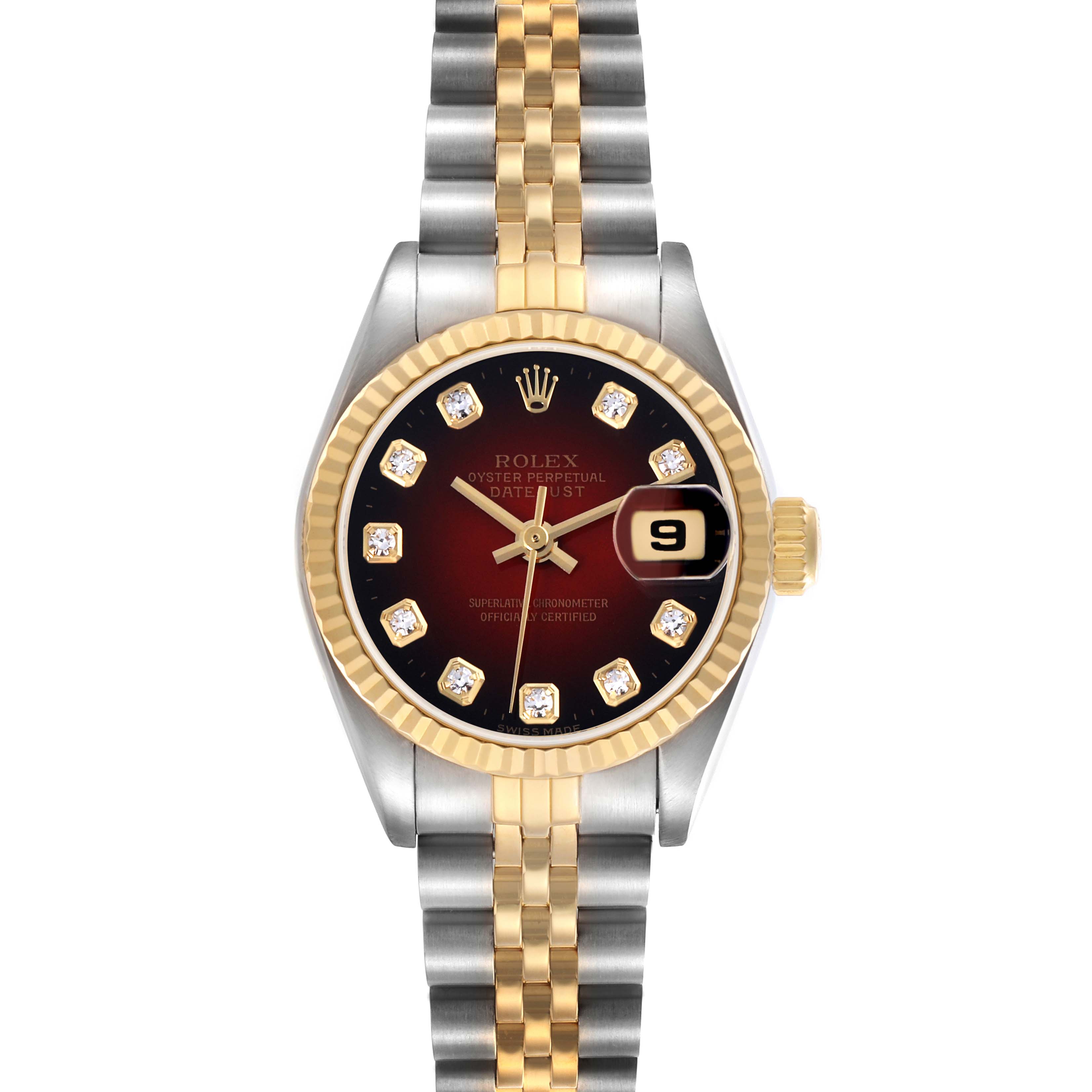 The Rolex Datejust 69173 Women
s Steel and Gold (two tone) Red Dial 69173 Women
s Steel and Gold (two tone) Red Dial watch is shown from a top-down angle, highlighting its bezel, dial, bracelet, and crown.