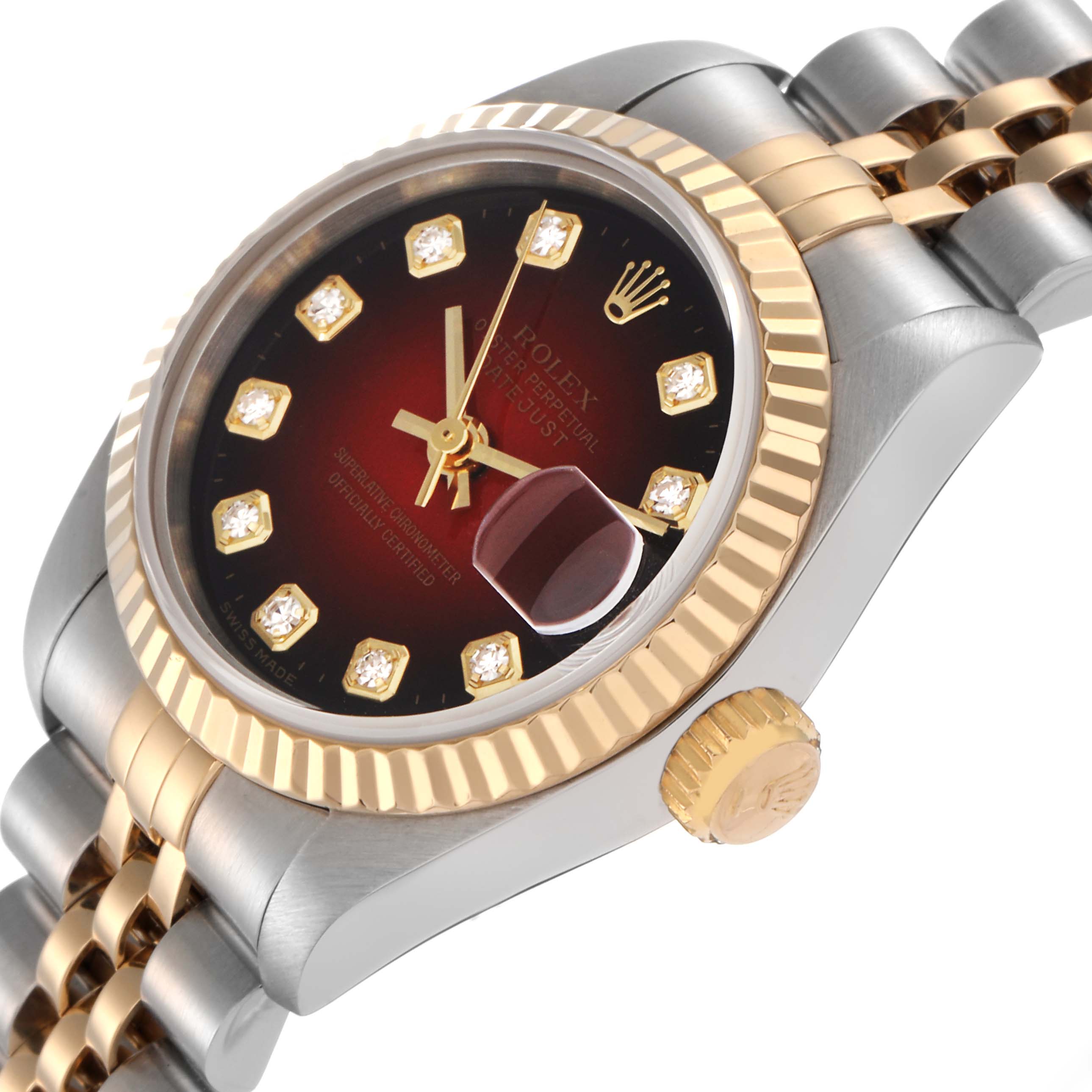 The Rolex Datejust 69173 Women
s Steel and Gold (two tone) Red Dial 69173 Women
s Steel and Gold (two tone) Red Dial watch is shown at an angled view, revealing the face, bezel, crown, and part of the bracelet.