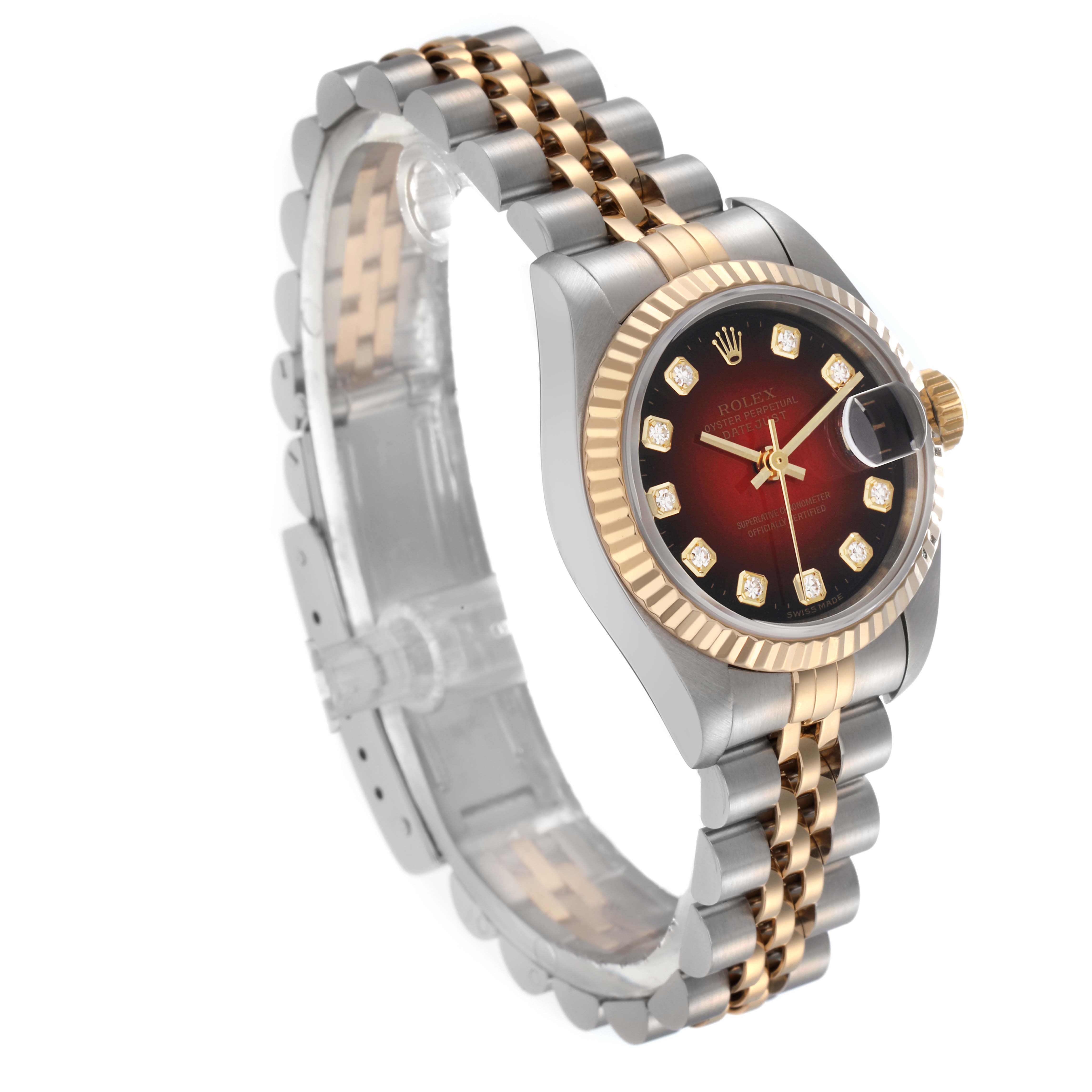 The Rolex Datejust 69173 Women
s Steel and Gold (two tone) Red Dial 69173 Women
s Steel and Gold (two tone) Red Dial is shown at a three-quarter angle, highlighting the dial, bezel, and bracelet.
